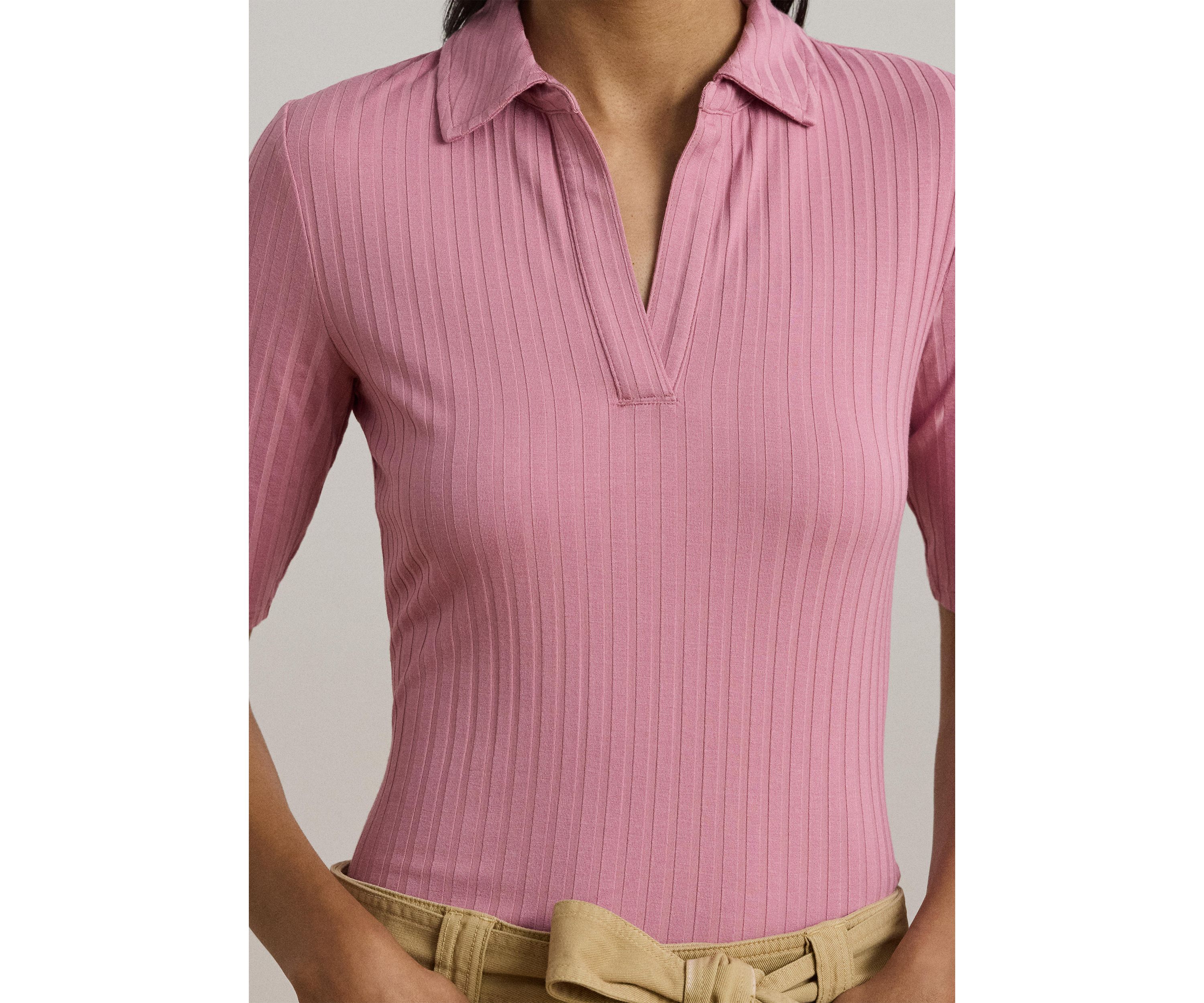 Womens Rib-Knit Elbow-Sleeve Polo T-Shirt