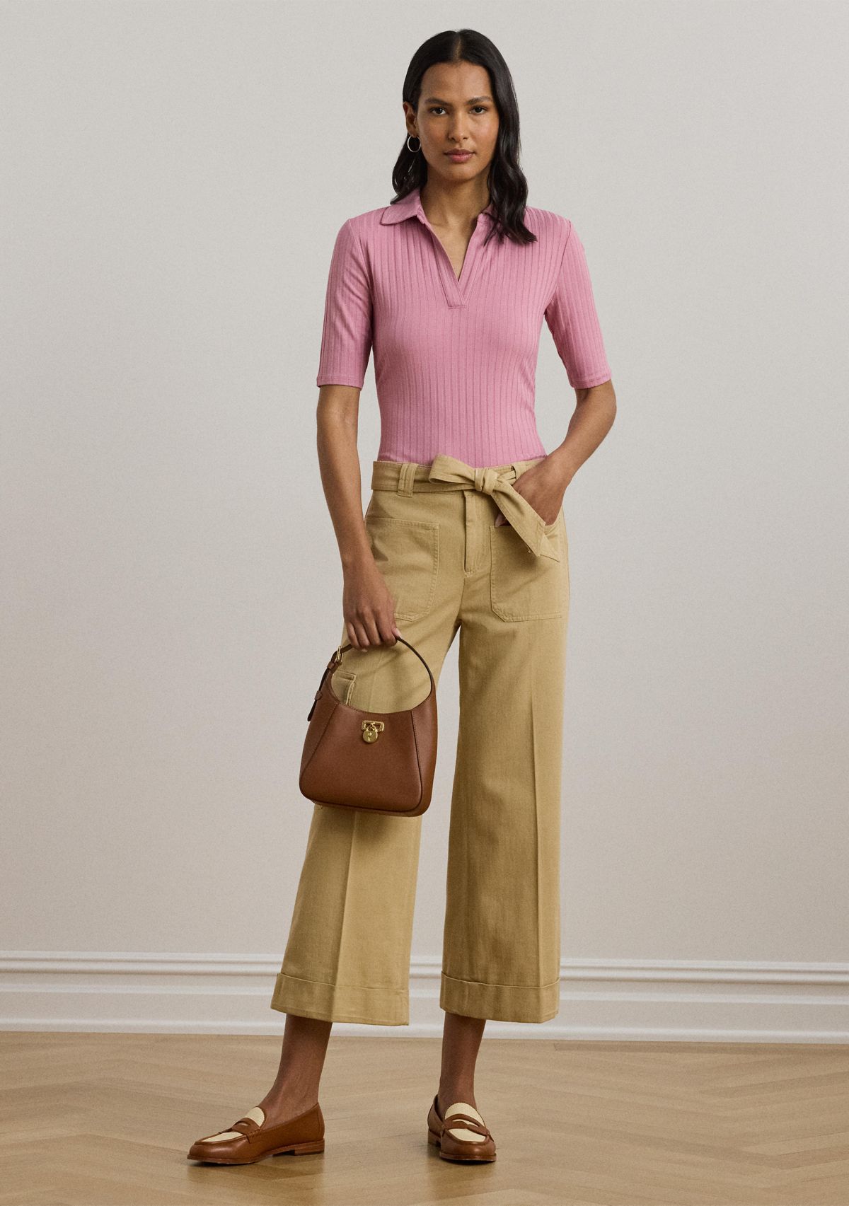 Womens Rib-Knit Elbow-Sleeve Polo T-Shirt