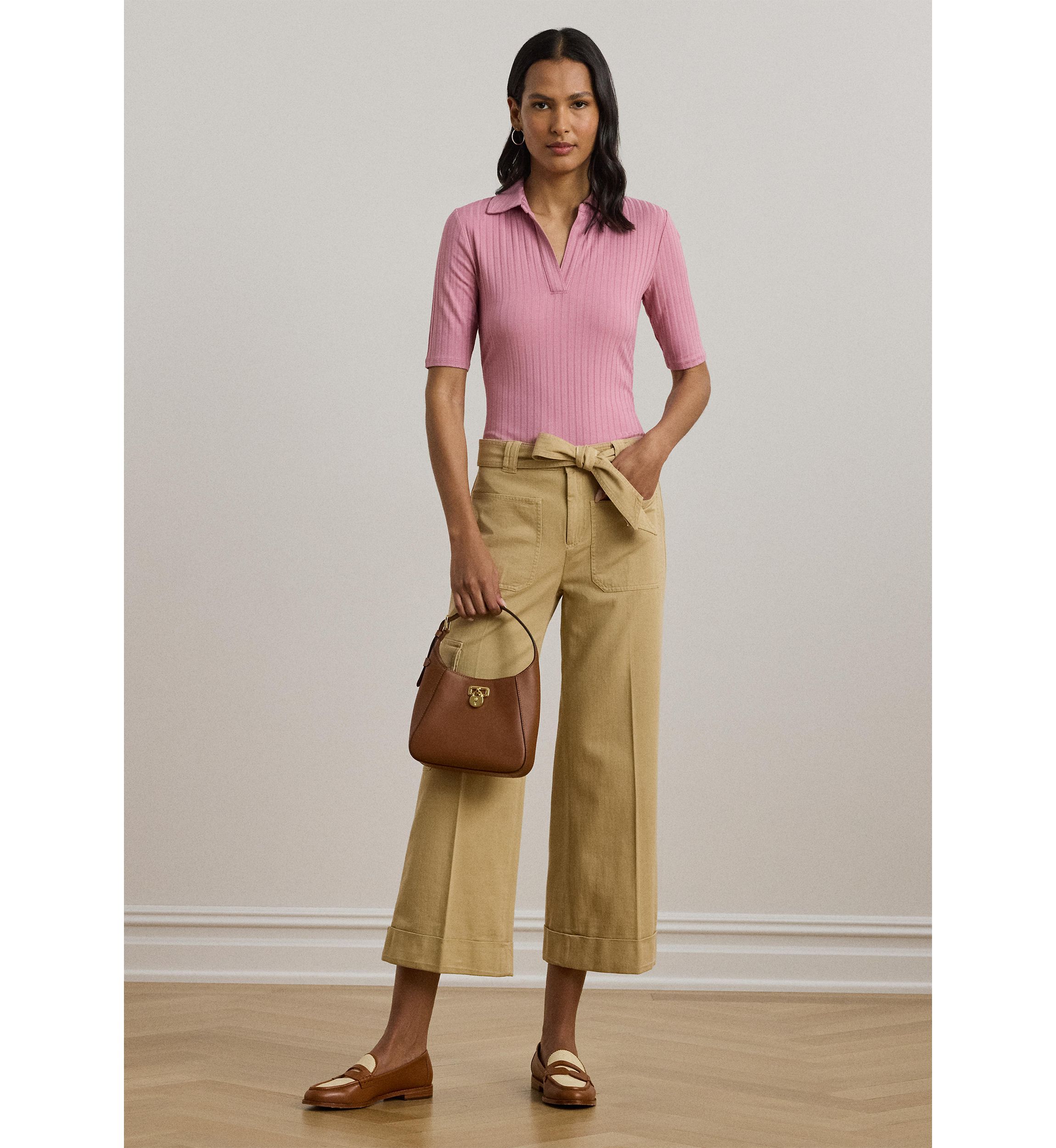 Womens Rib-Knit Elbow-Sleeve Polo T-Shirt