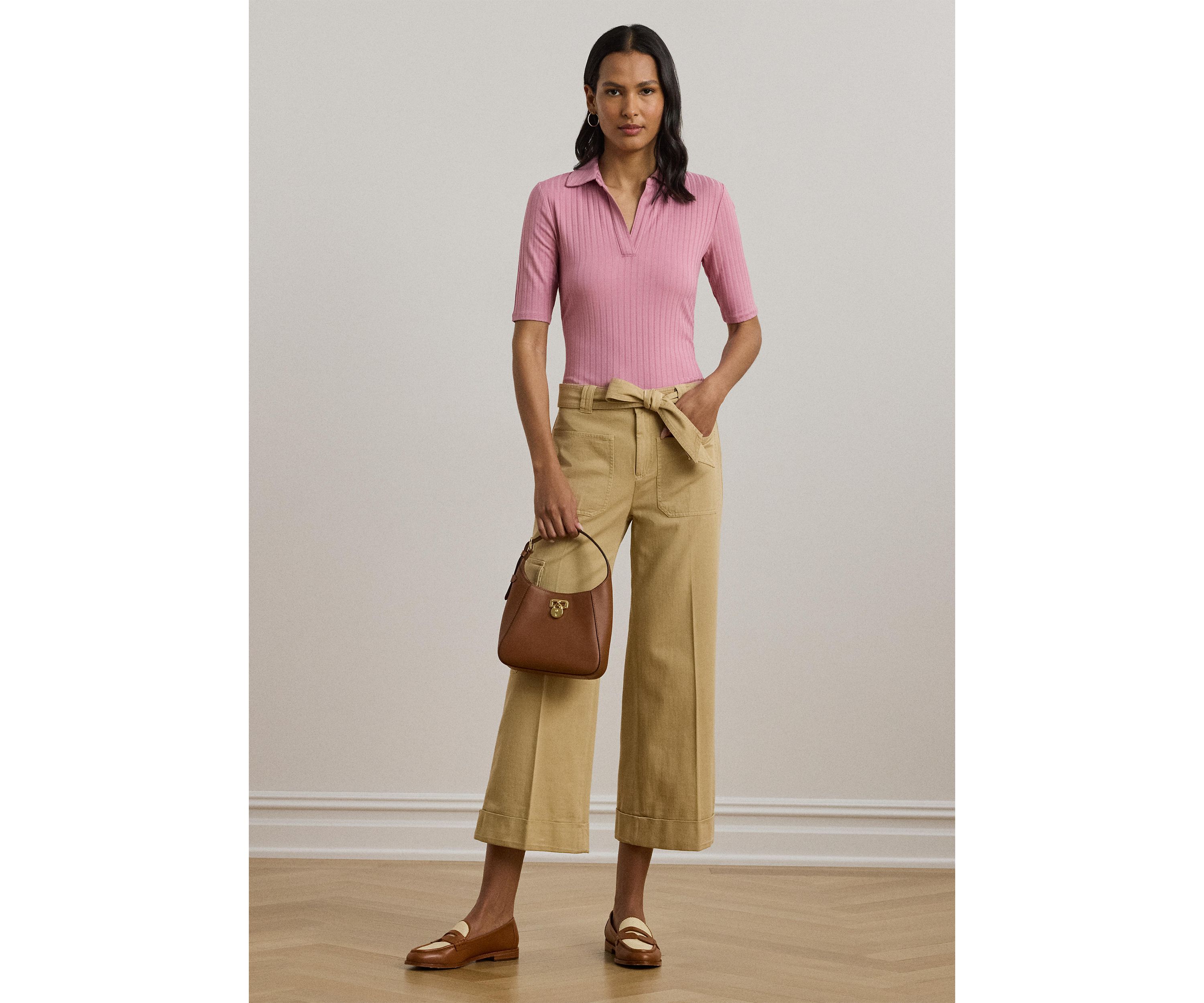 Womens Rib-Knit Elbow-Sleeve Polo T-Shirt