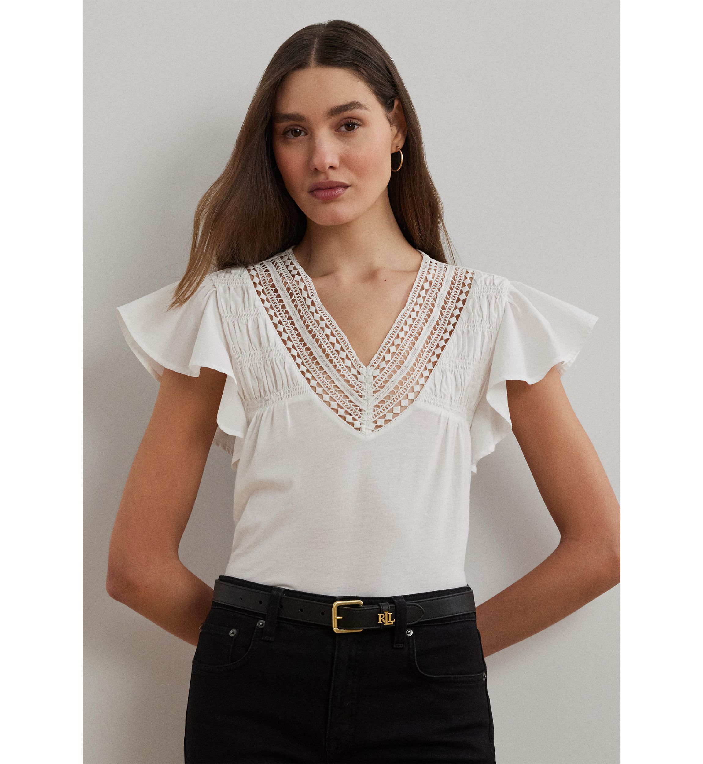 Lace Trim Jersey Flutter Sleeve T-Shirt