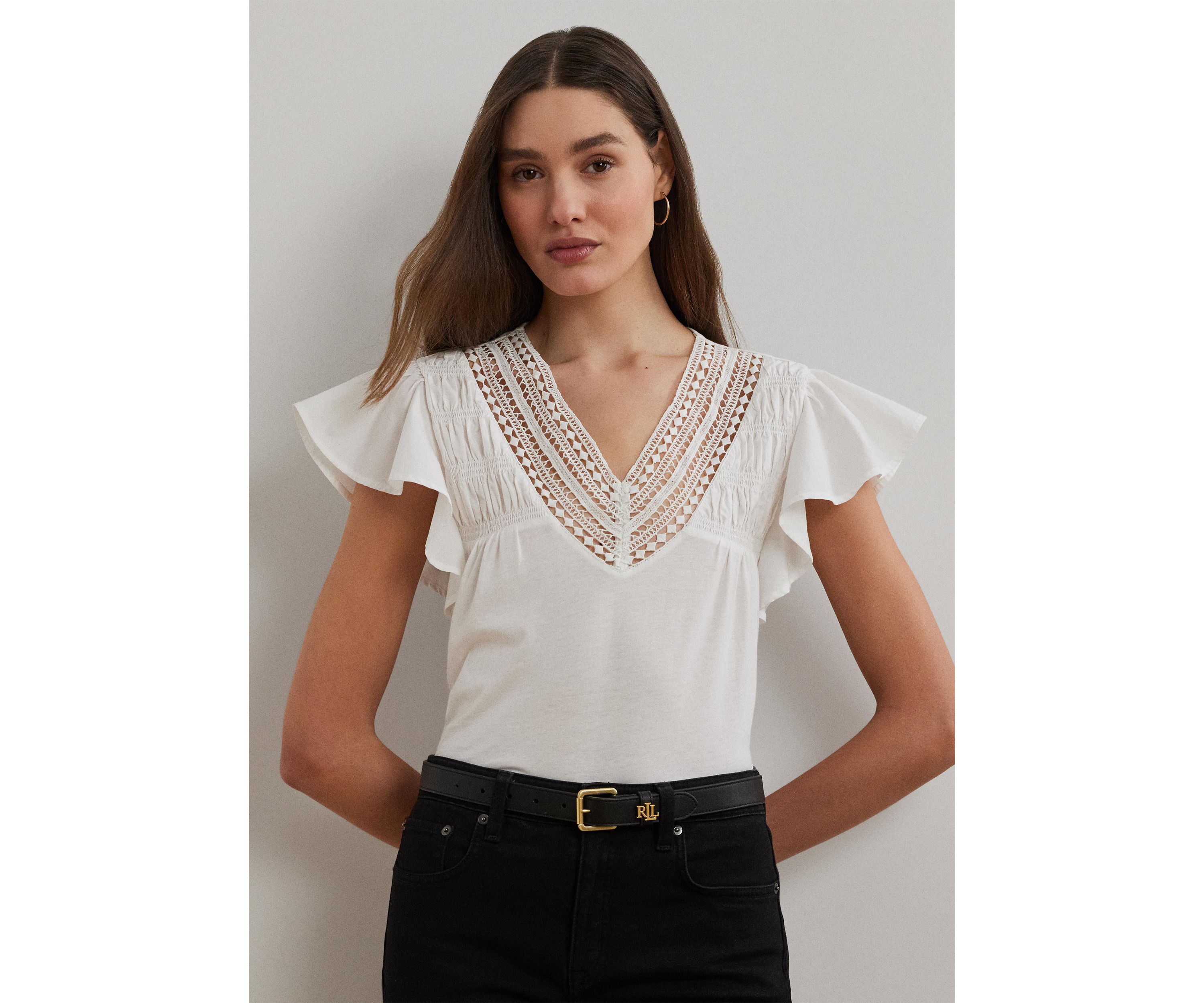 Lace Trim Jersey Flutter Sleeve T-Shirt