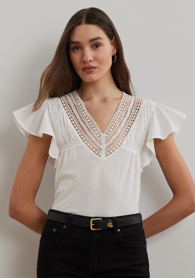 Lace Trim Jersey Flutter Sleeve T-Shirt