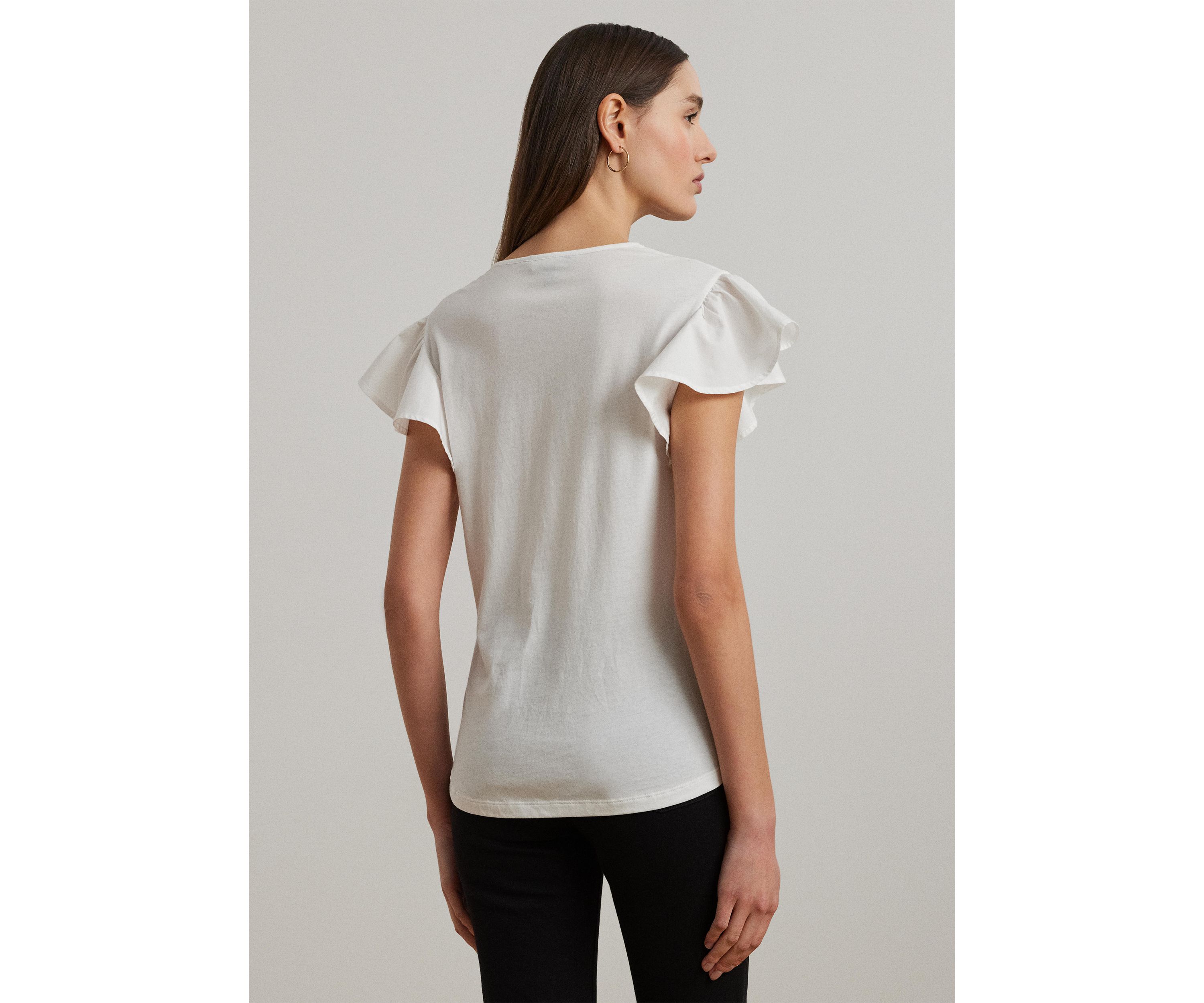 Lace Trim Jersey Flutter Sleeve T-Shirt