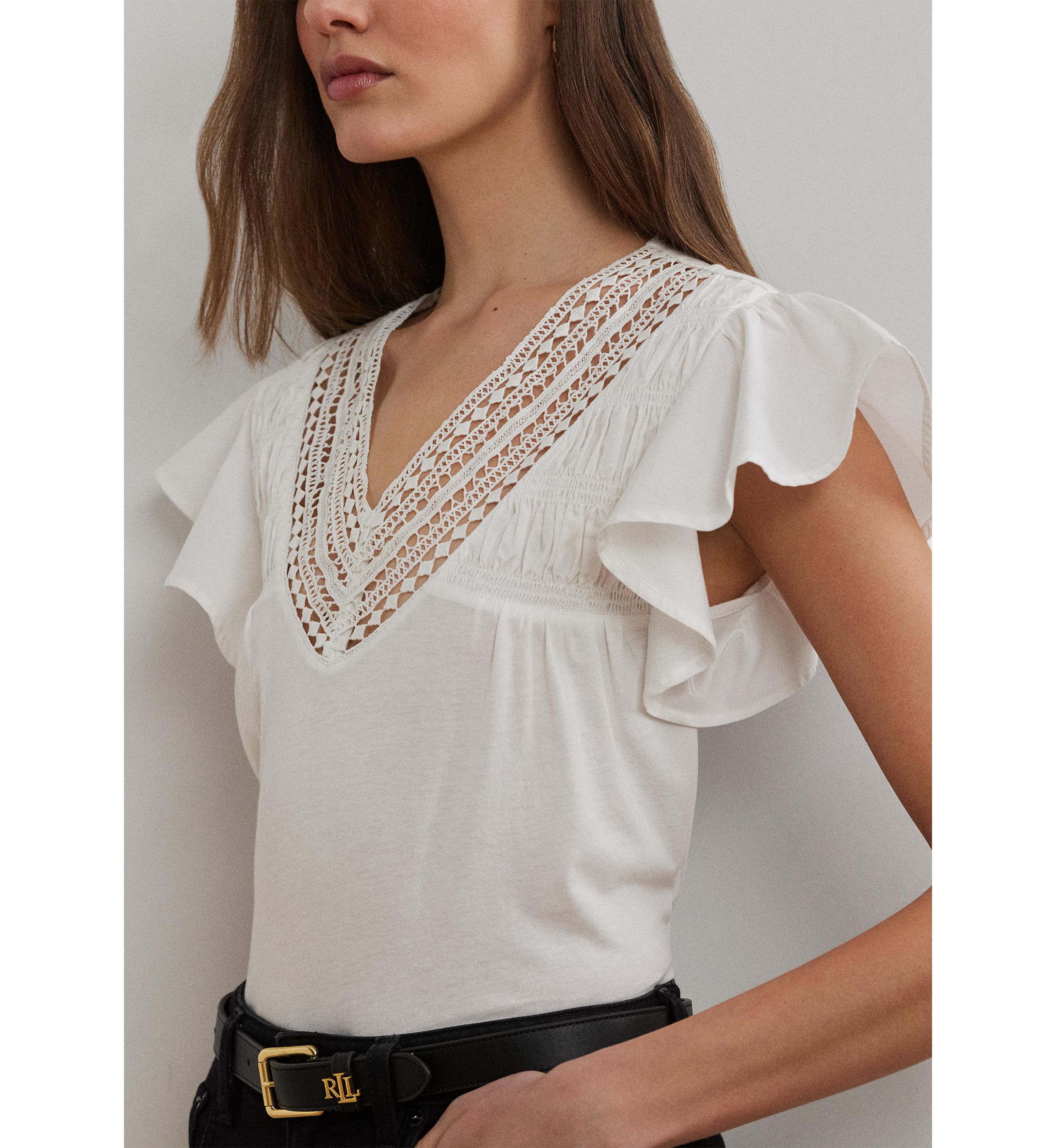 Lace Trim Jersey Flutter Sleeve T-Shirt