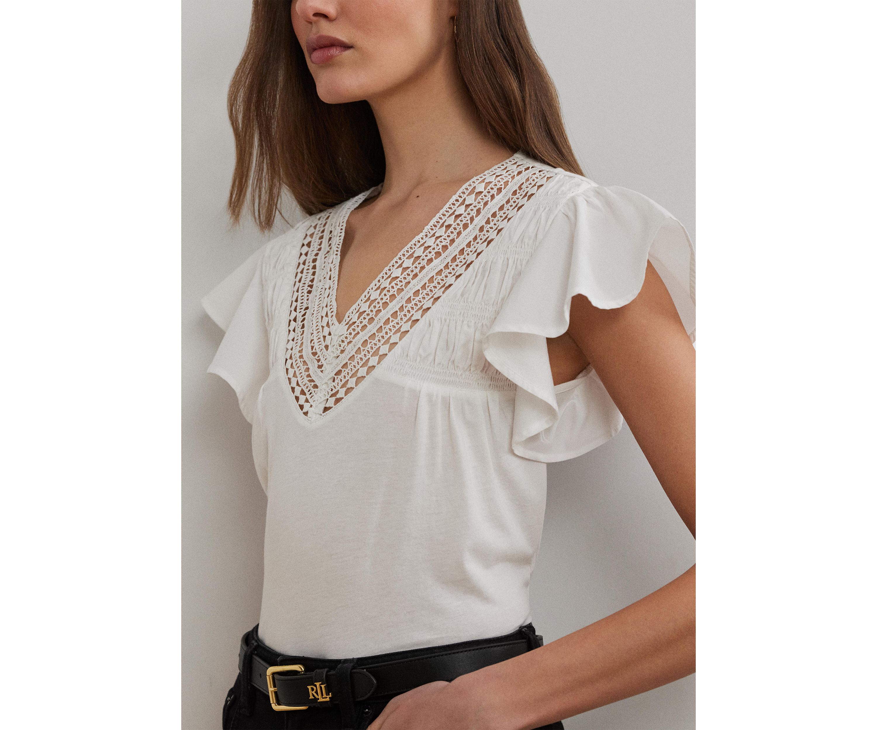 Lace Trim Jersey Flutter Sleeve T-Shirt