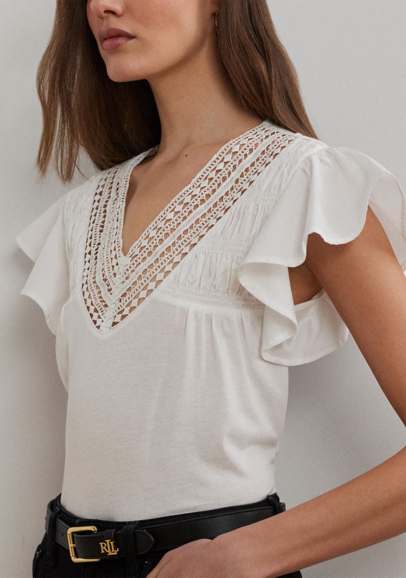 Lace Trim Jersey Flutter Sleeve T-Shirt