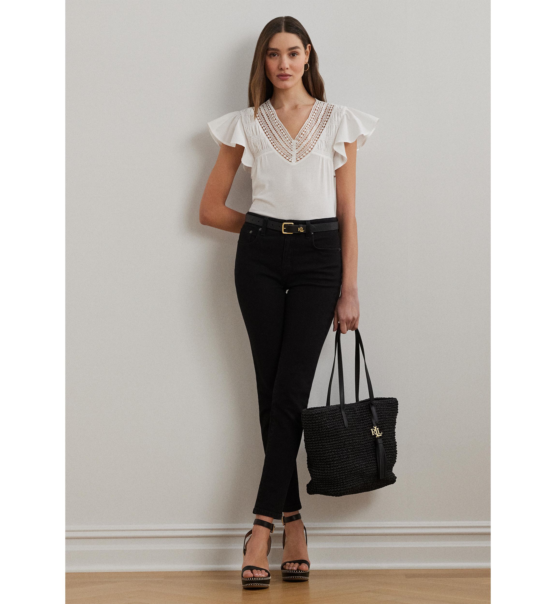 Lace Trim Jersey Flutter Sleeve T-Shirt