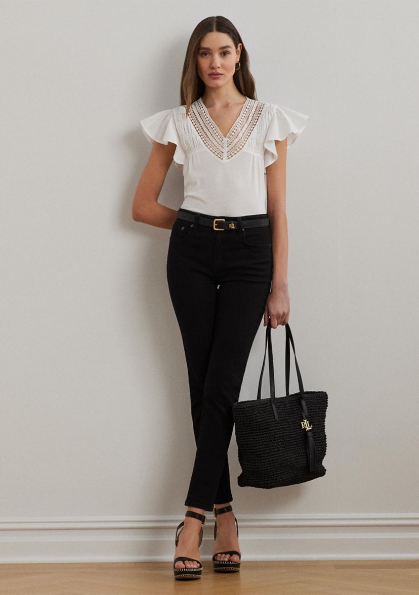 Lace Trim Jersey Flutter Sleeve T-Shirt