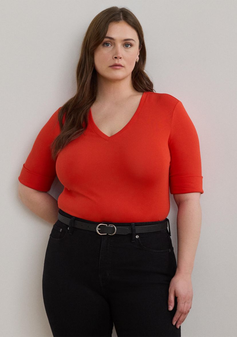 Plus Size Stretch Cotton Elbow Sleeve V-Neck T-Shirt