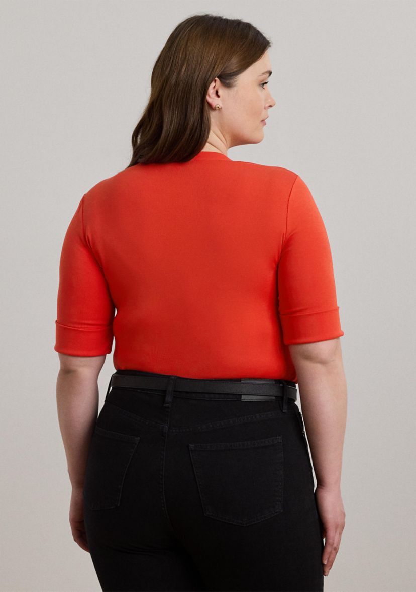 Plus Size Stretch Cotton Elbow Sleeve V-Neck T-Shirt