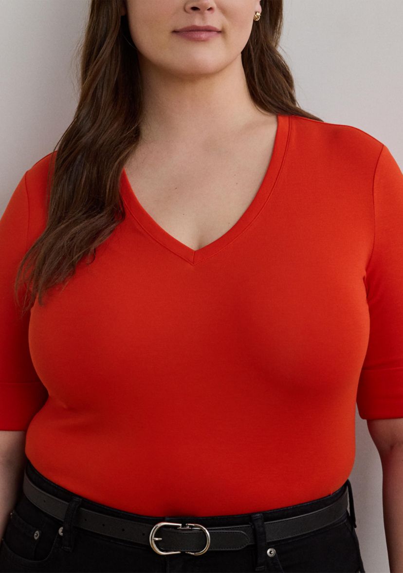 Plus Size Stretch Cotton Elbow Sleeve V-Neck T-Shirt