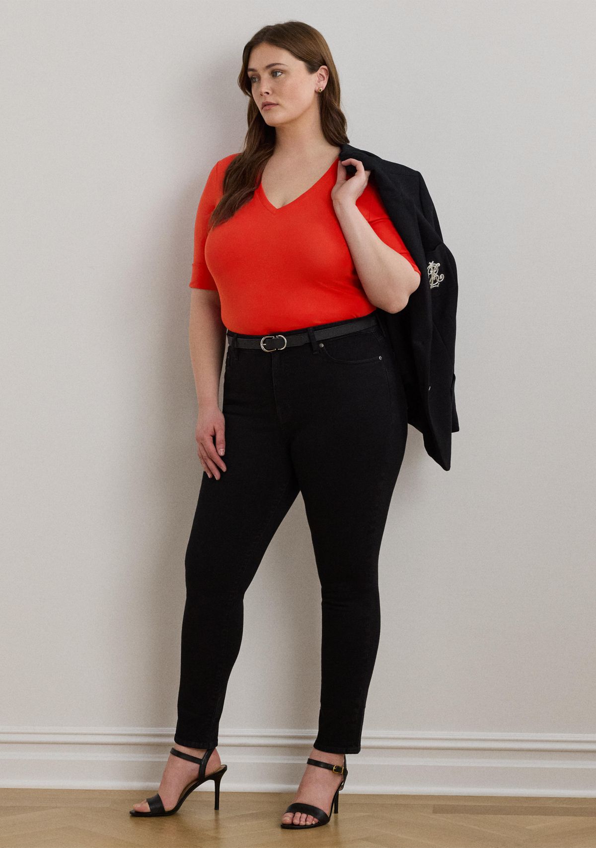 Plus Size Stretch Cotton Elbow Sleeve V-Neck T-Shirt