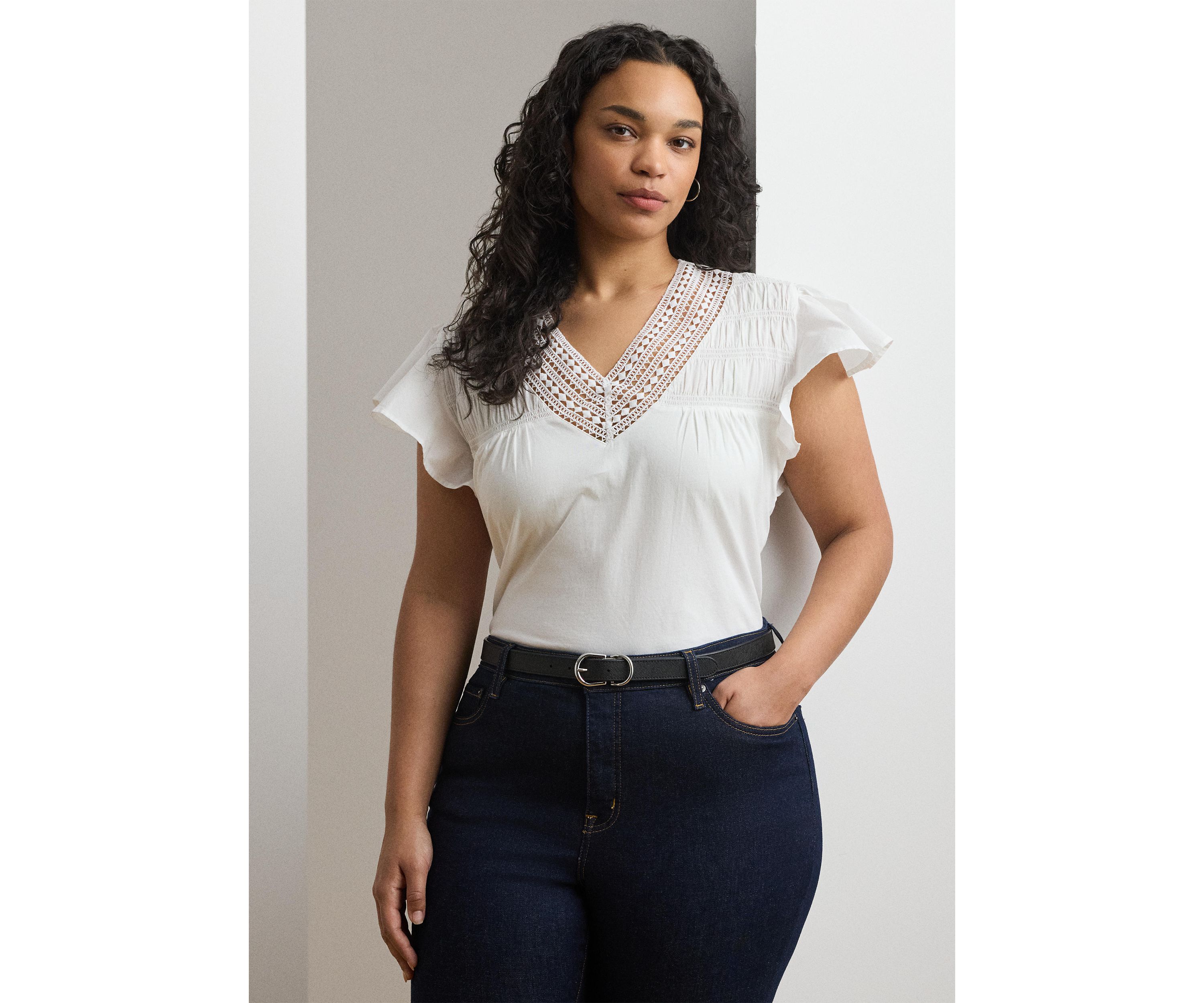 Plus Size Lace Trim Jersey Flutter Sleeve T-Shirt
