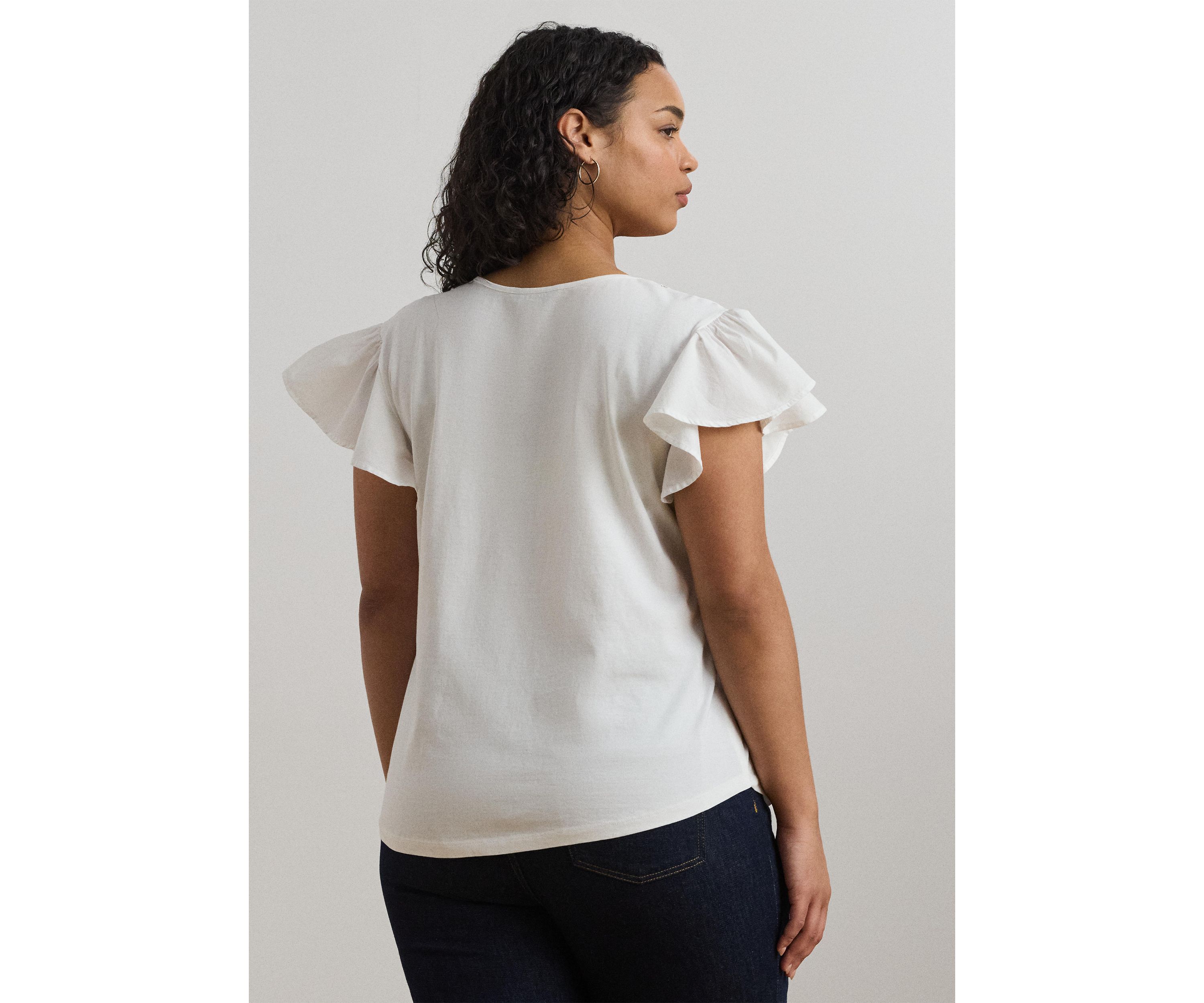 Plus Size Lace Trim Jersey Flutter Sleeve T-Shirt