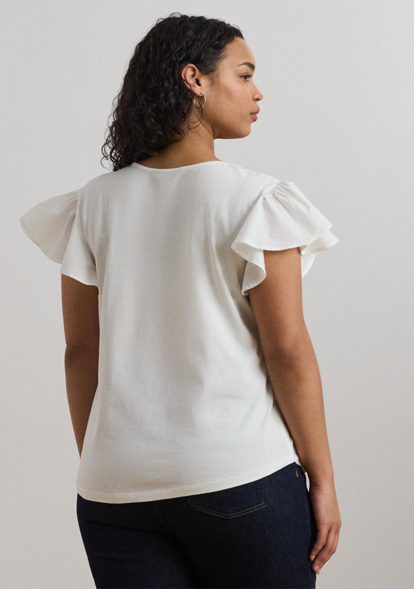 Plus Size Lace Trim Jersey Flutter Sleeve T-Shirt