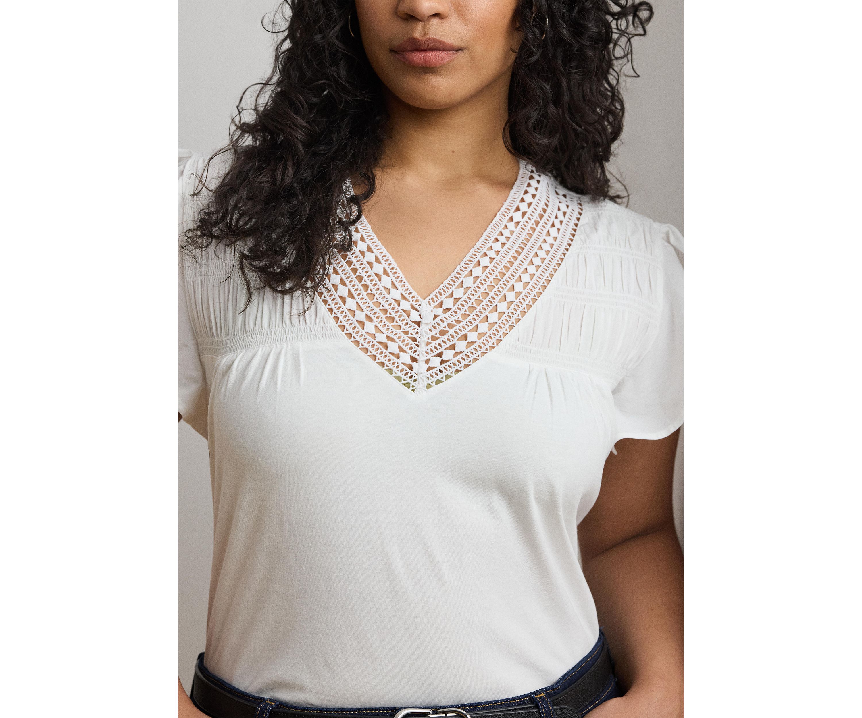 Plus Size Lace Trim Jersey Flutter Sleeve T-Shirt