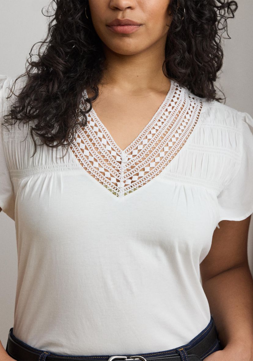 Plus Size Lace Trim Jersey Flutter Sleeve T-Shirt