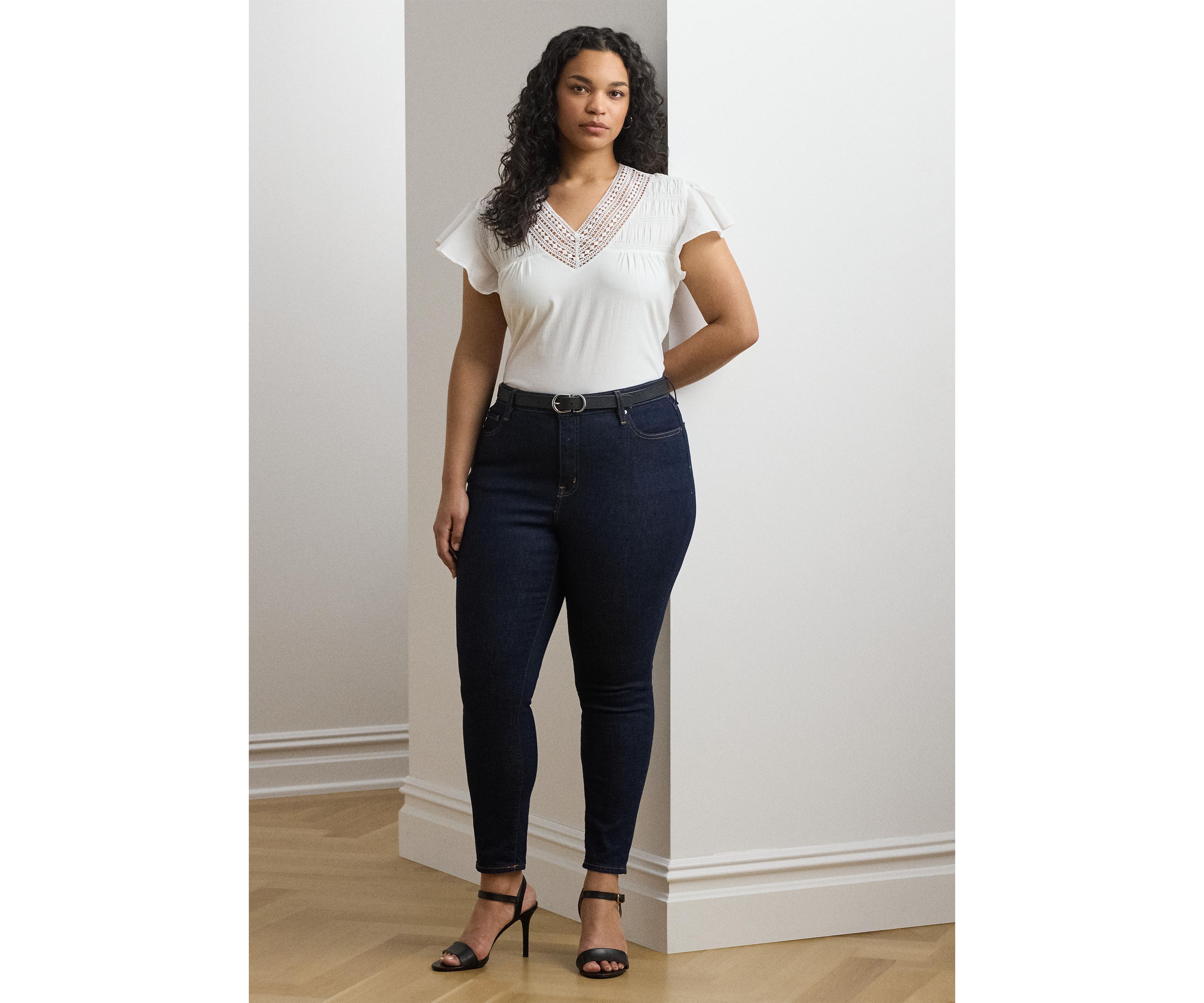 Plus Size Lace Trim Jersey Flutter Sleeve T-Shirt