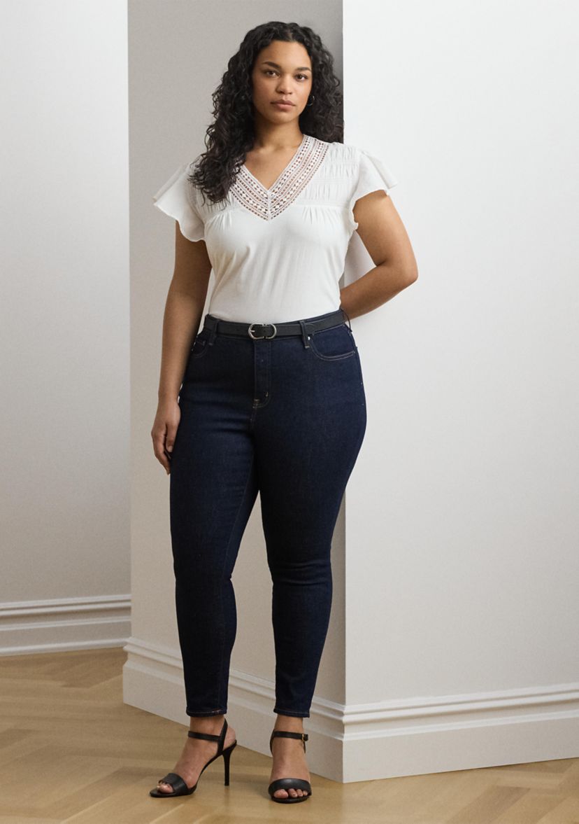 Plus Size Lace Trim Jersey Flutter Sleeve T-Shirt