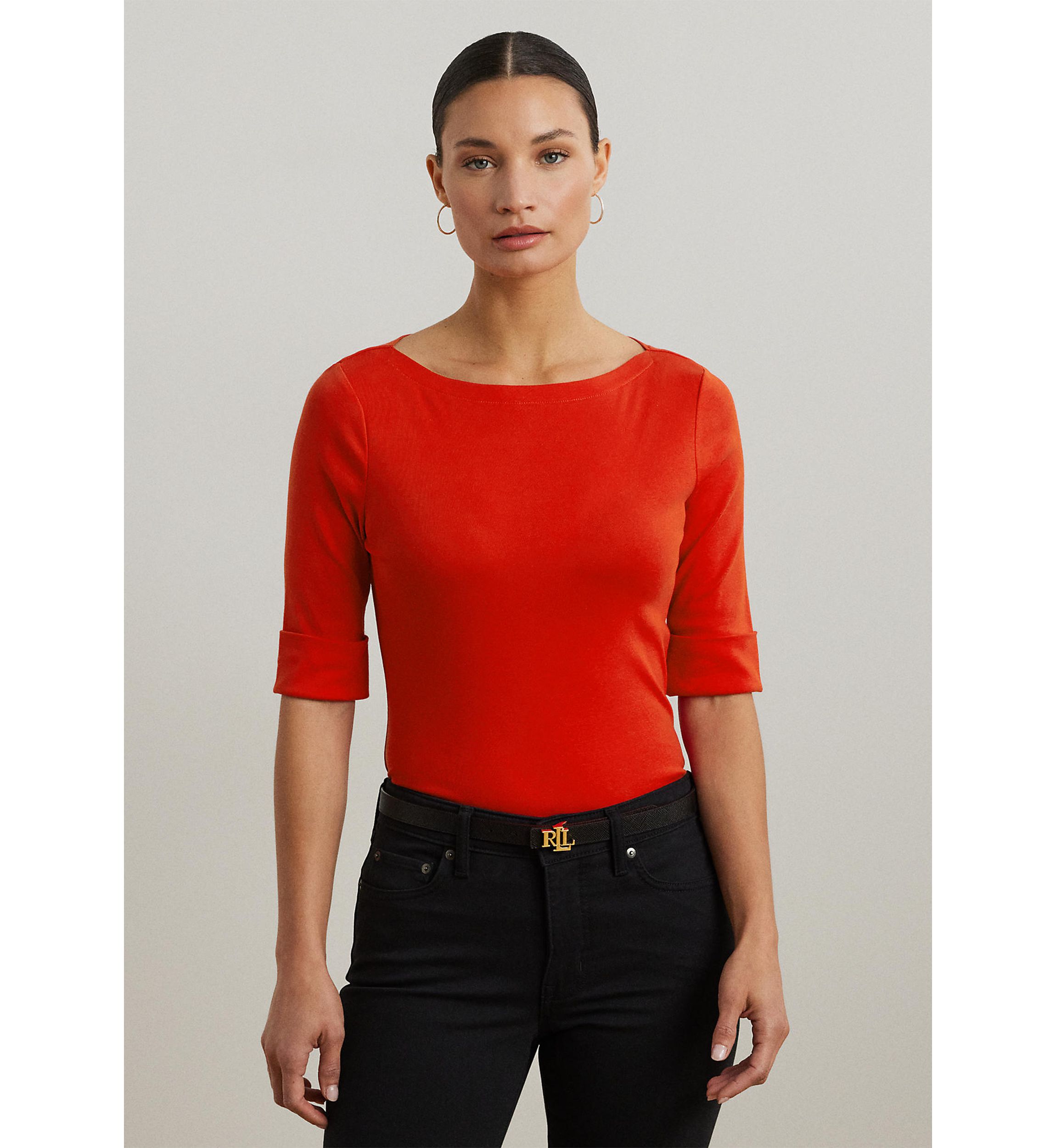 Stretch Cotton Boat Neck T-Shirt