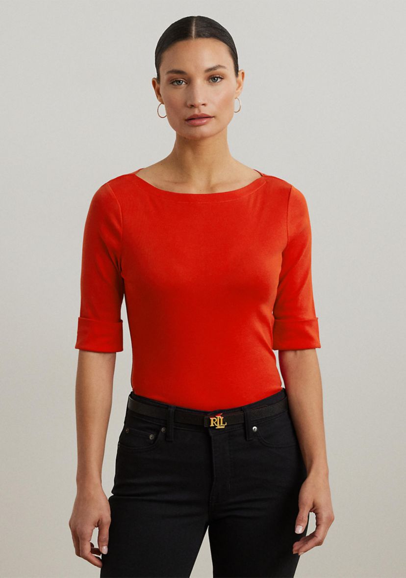 Stretch Cotton Boat Neck T-Shirt
