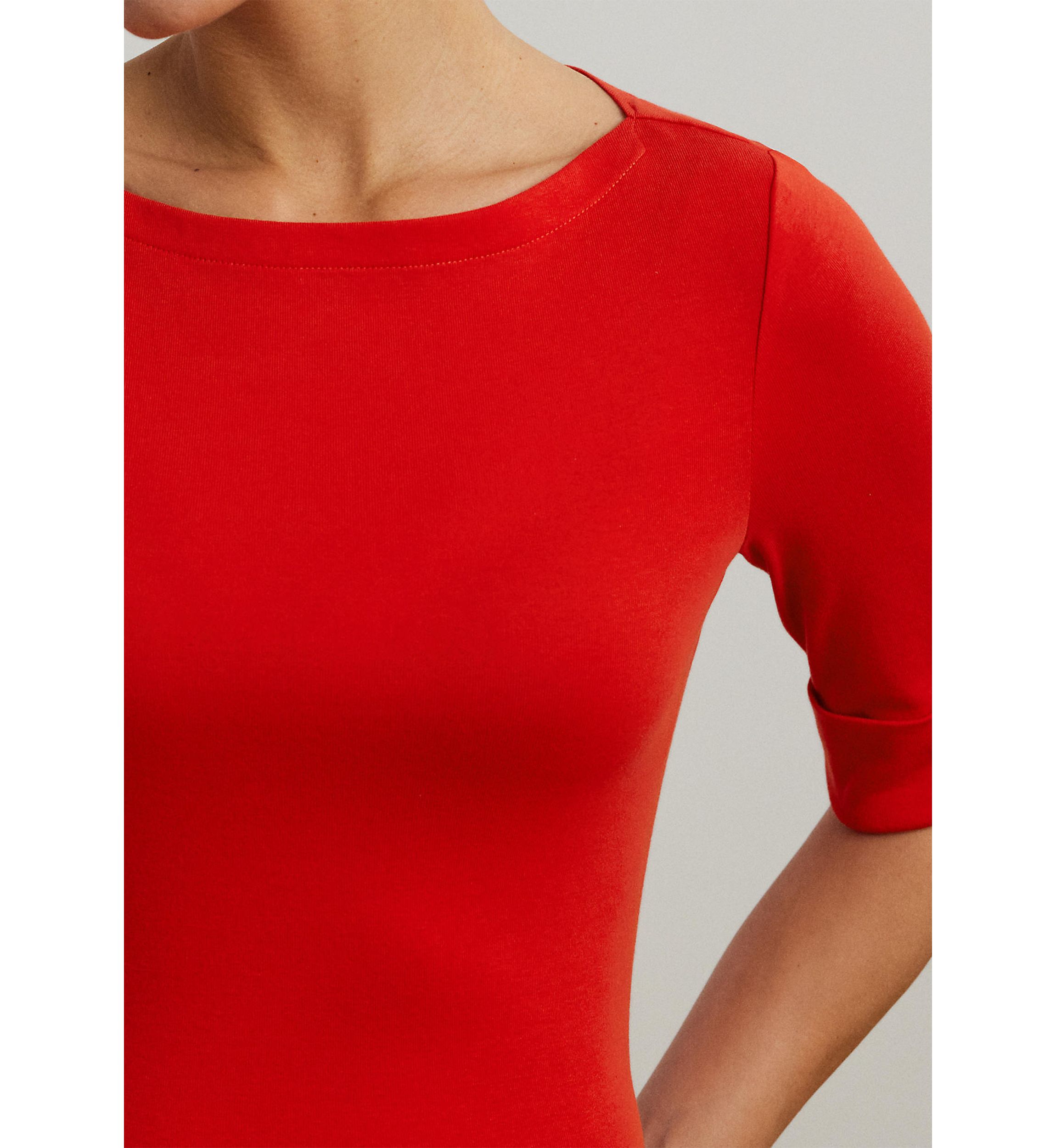 Stretch Cotton Boat Neck T-Shirt