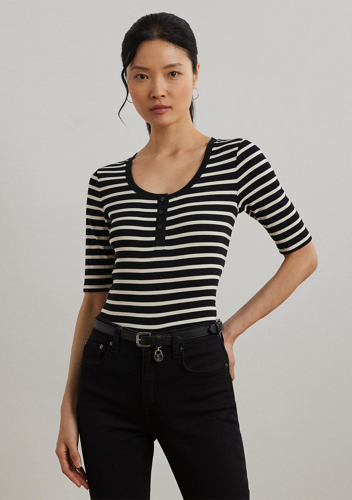 Womens Striped Elbow-Sleeve Henley Top