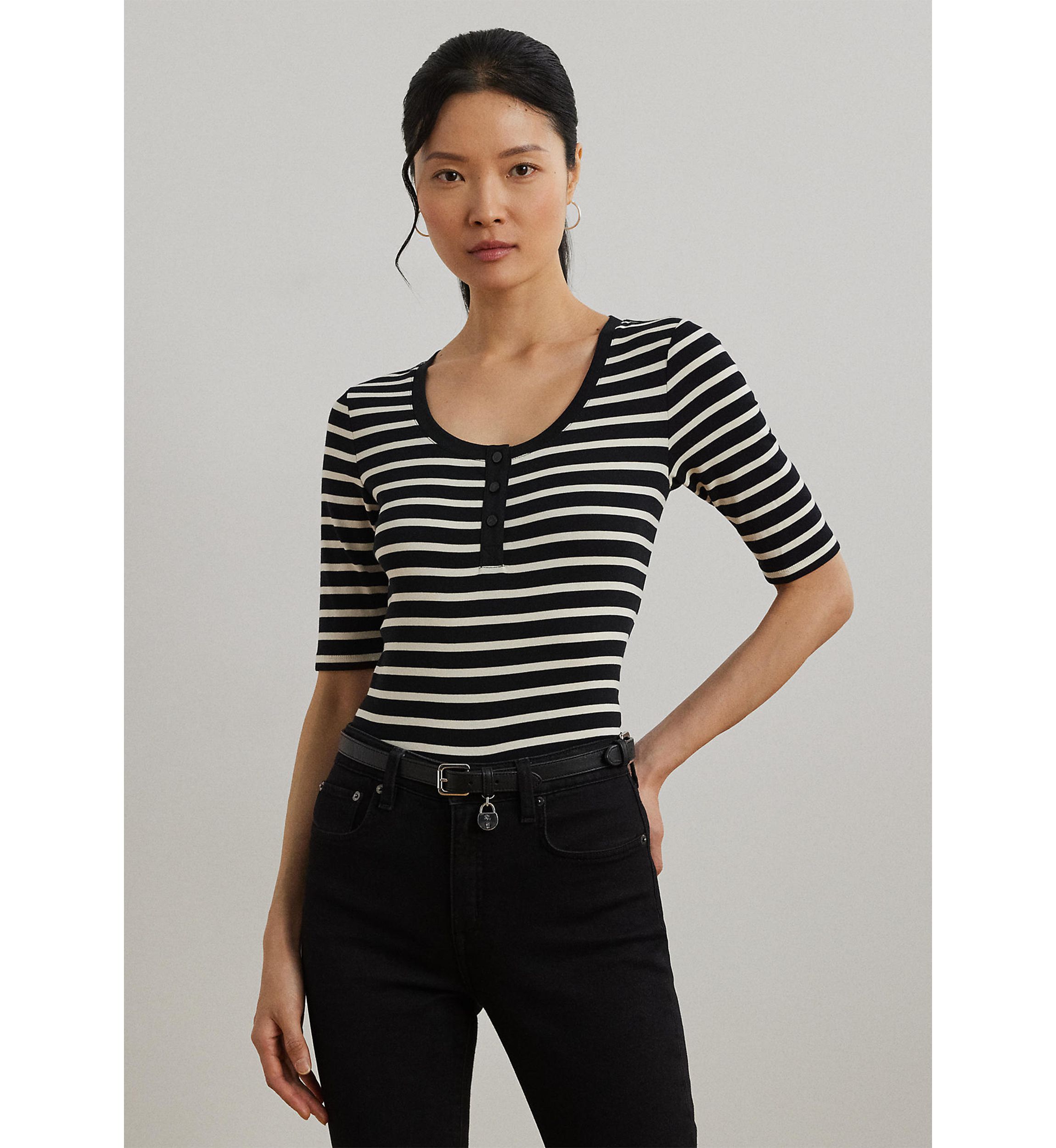 Womens Striped Elbow-Sleeve Henley Top