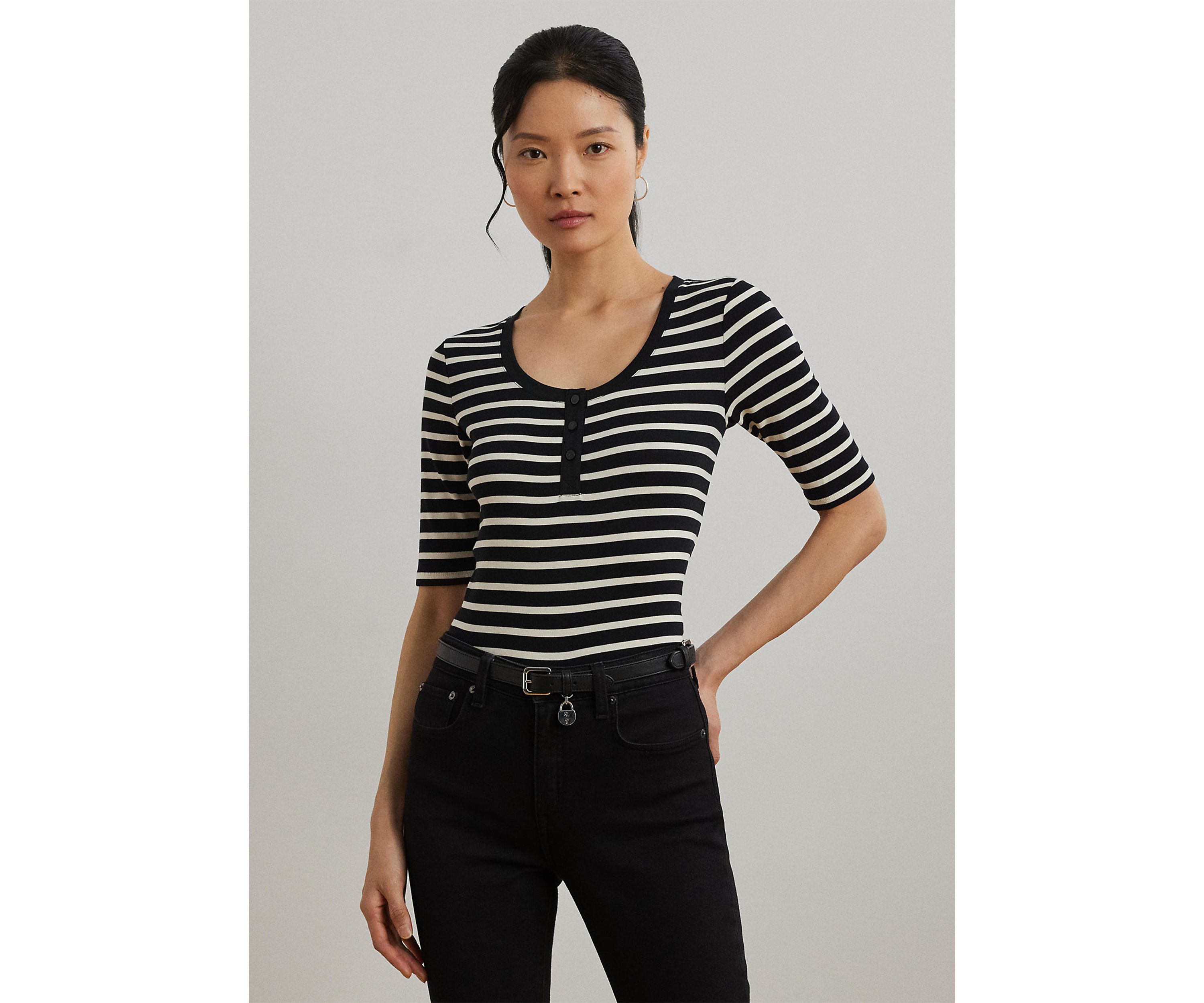 Womens Striped Elbow-Sleeve Henley Top