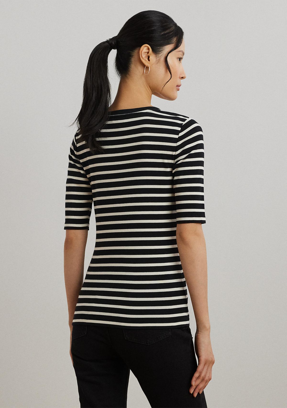 Womens Striped Elbow-Sleeve Henley Top