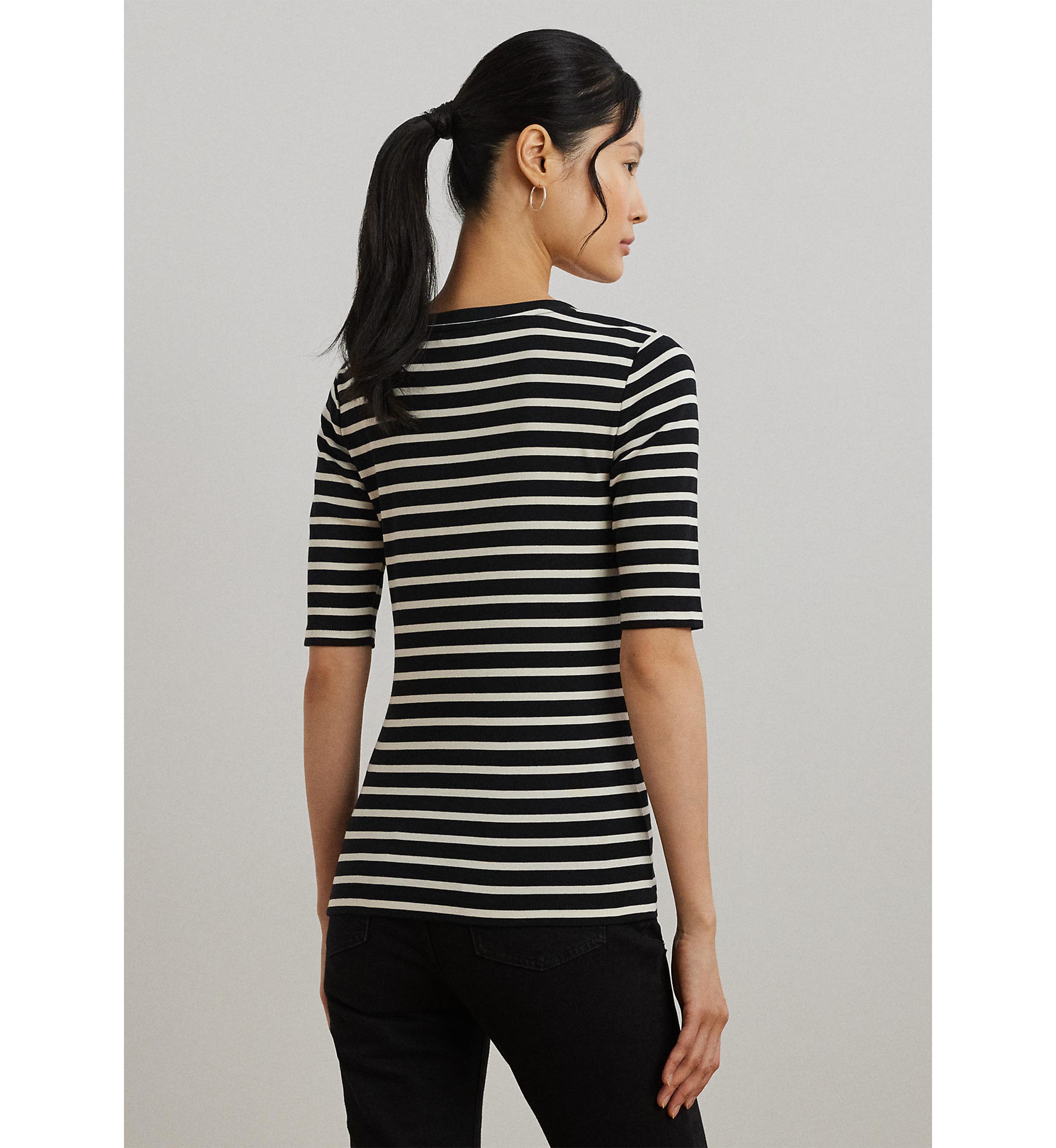 Womens Striped Elbow-Sleeve Henley Top