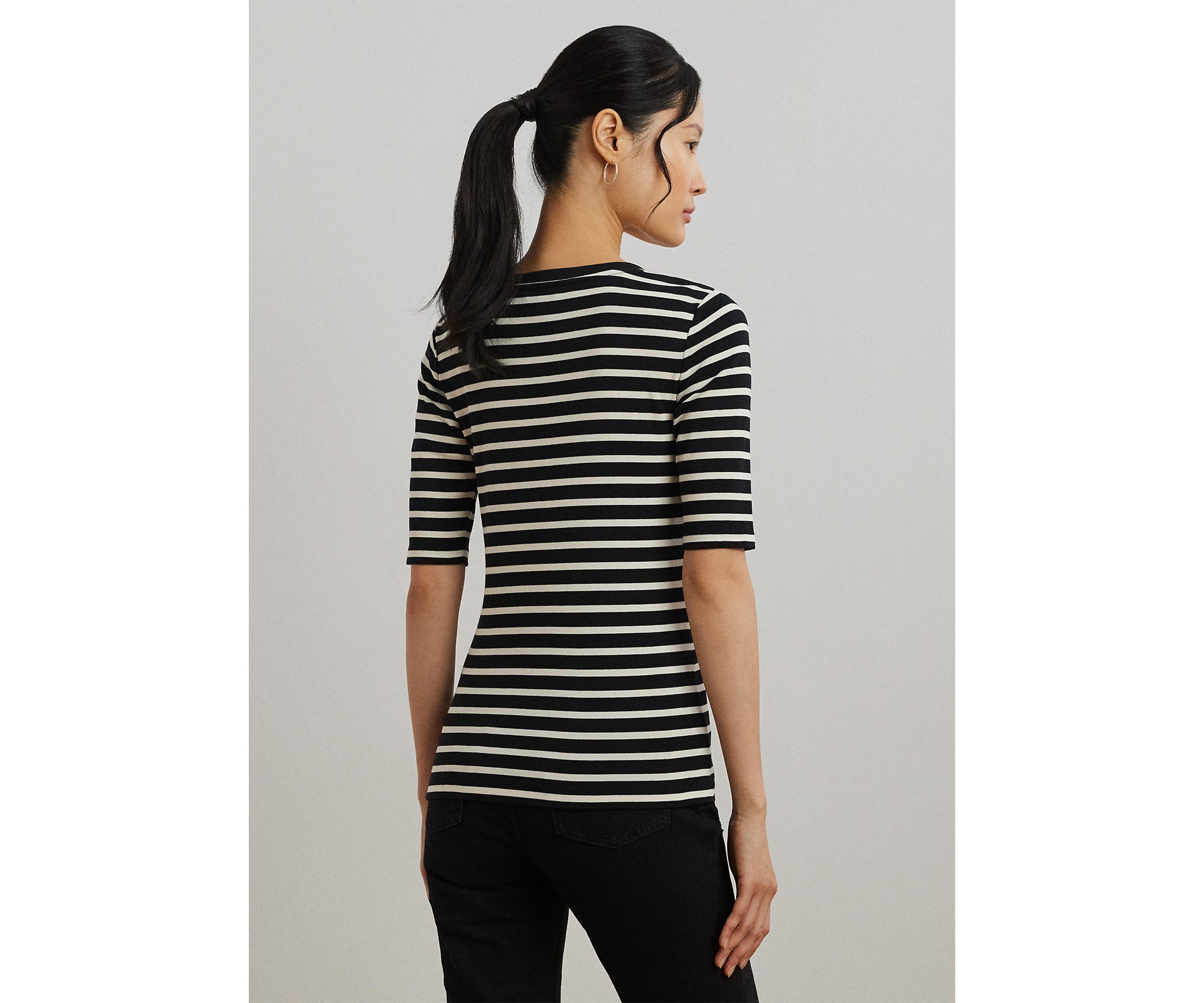 Womens Striped Elbow-Sleeve Henley Top