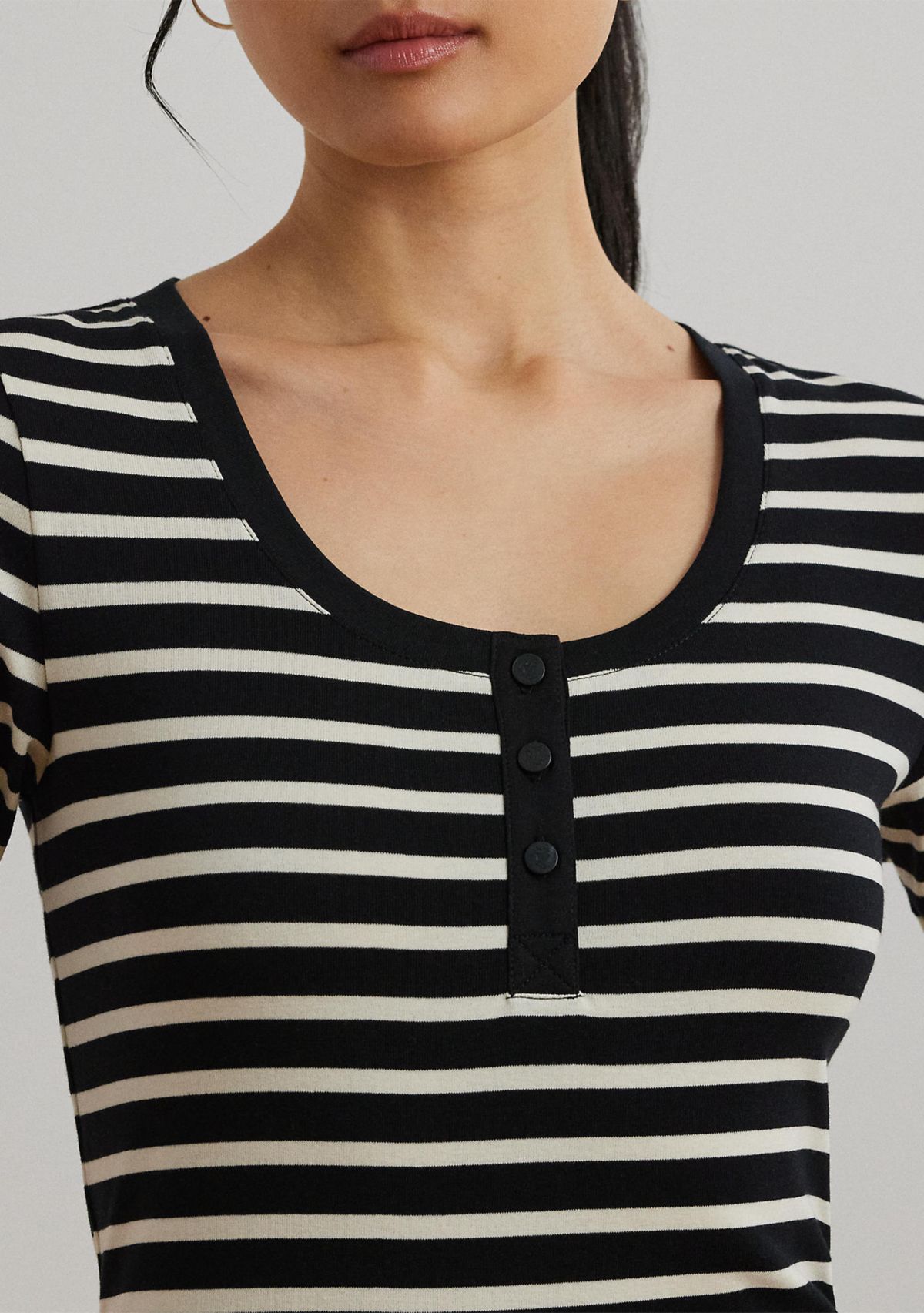 Womens Striped Elbow-Sleeve Henley Top