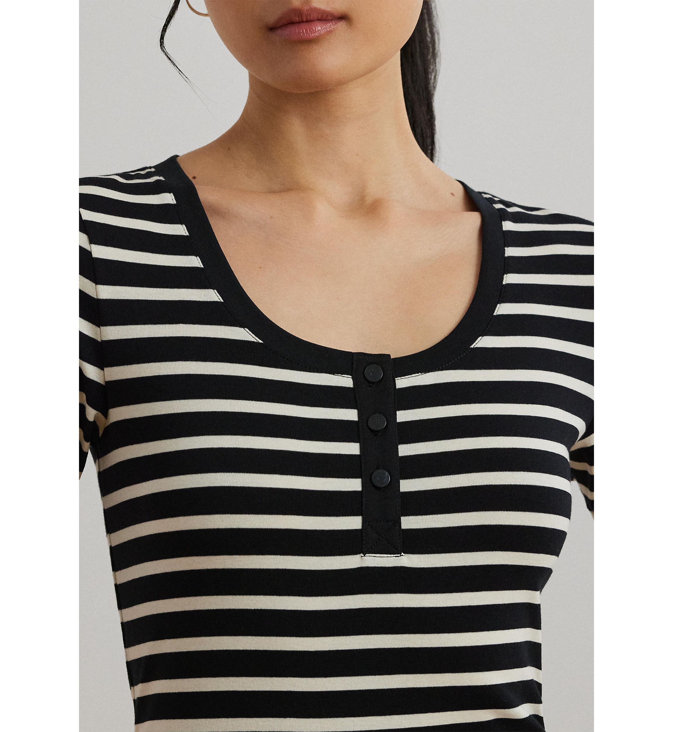 Womens Striped Elbow-Sleeve Henley Top