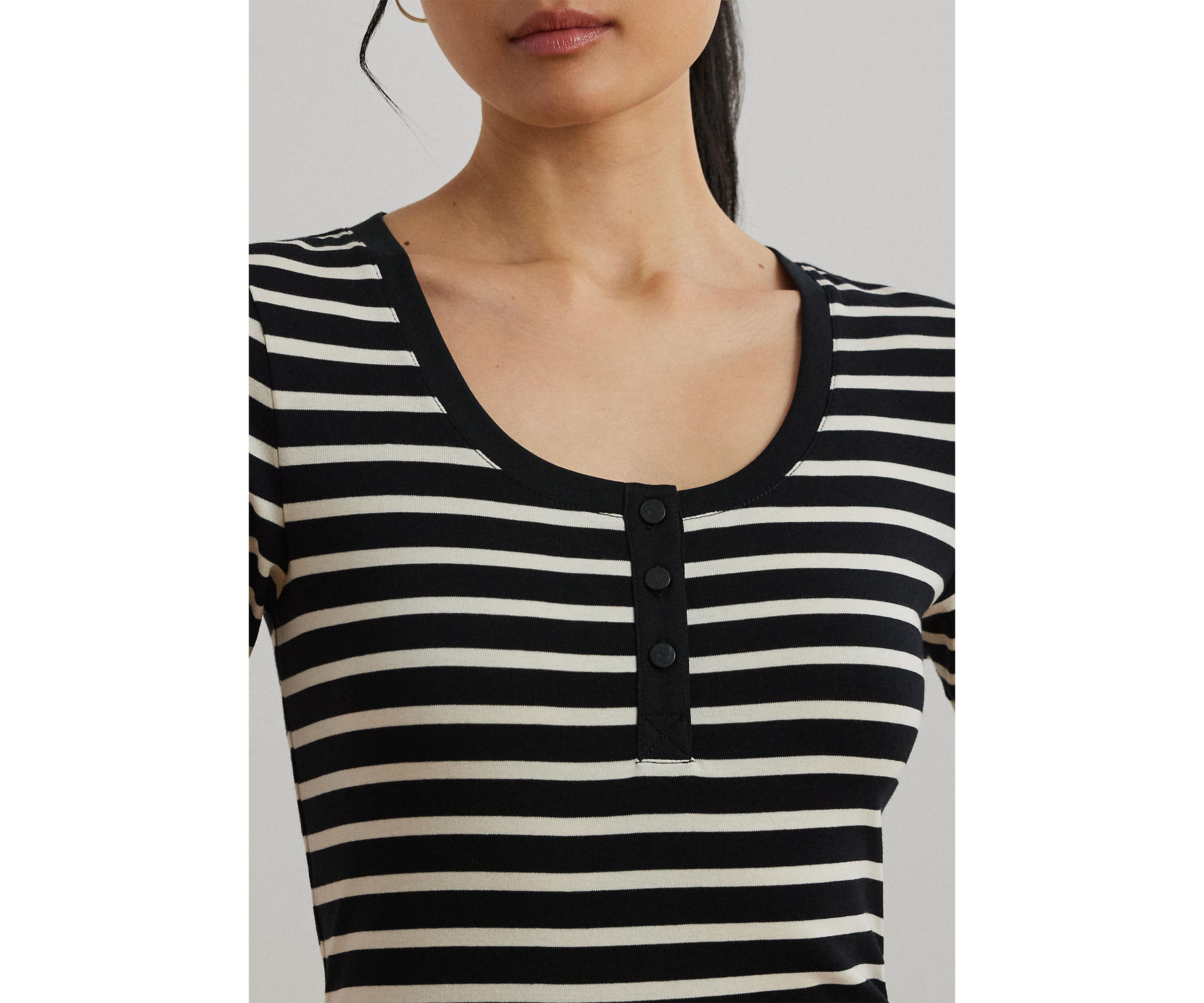 Womens Striped Elbow-Sleeve Henley Top