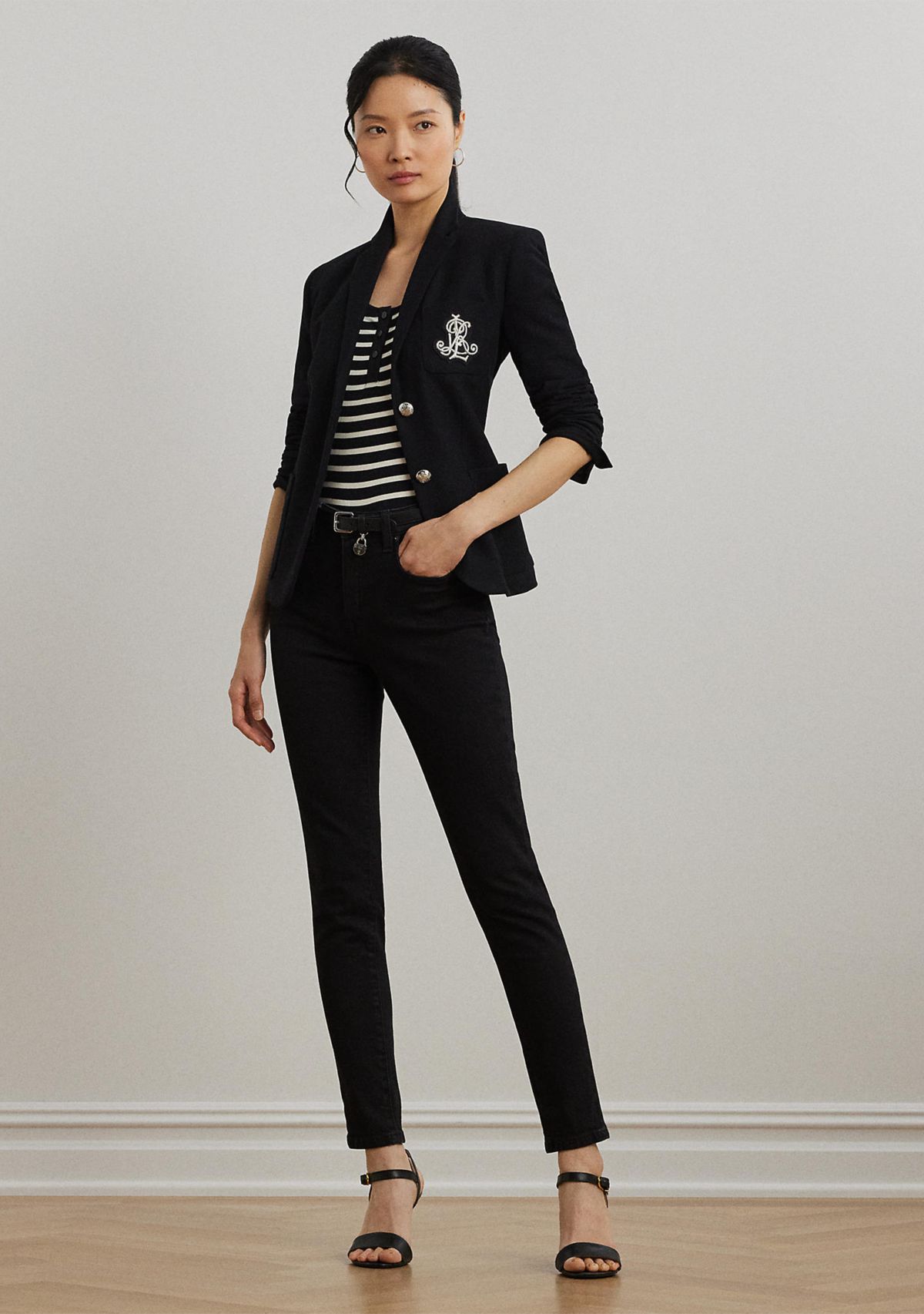 Womens Striped Elbow-Sleeve Henley Top