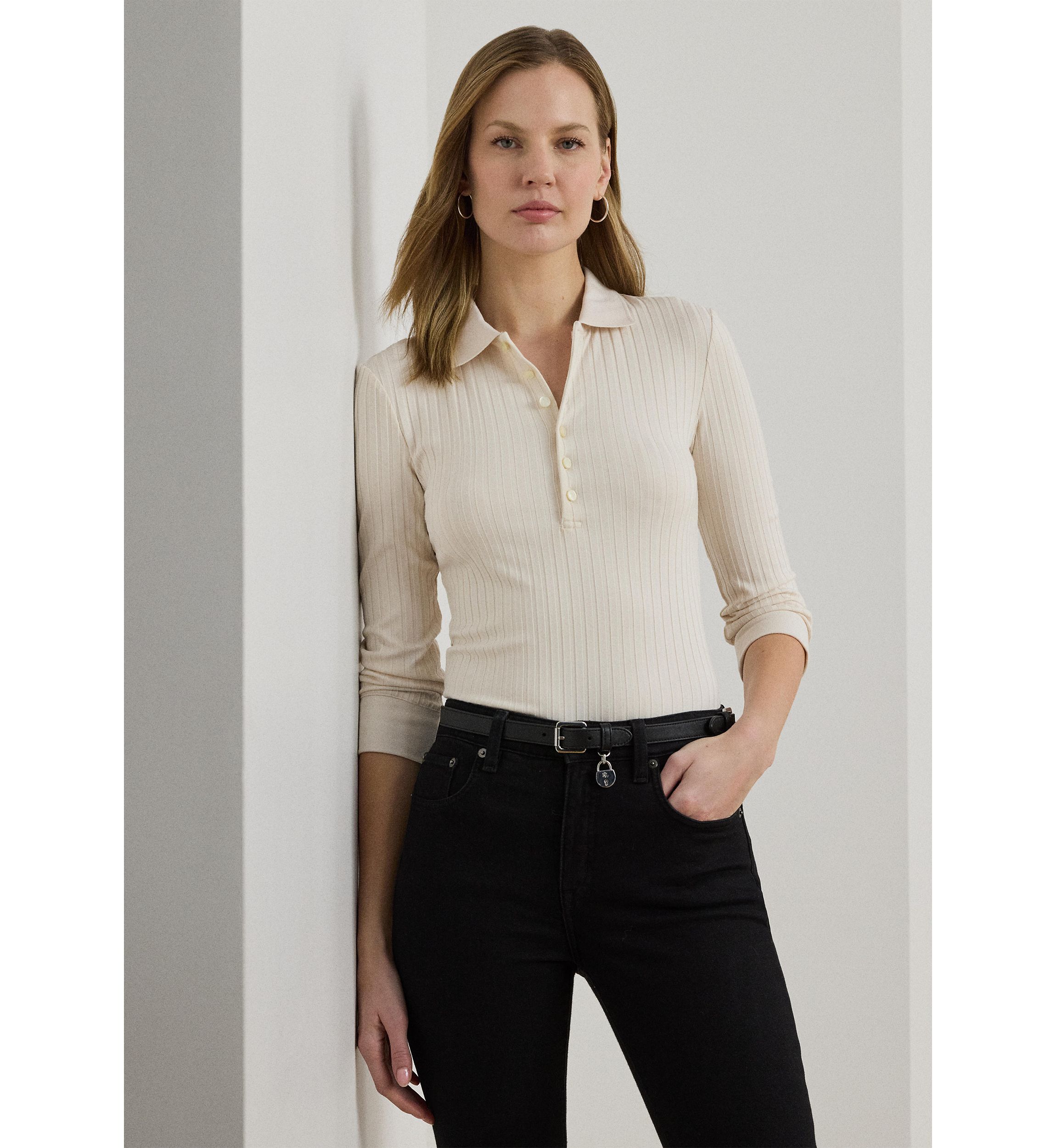Rib-Knit Three-Quarter-Sleeve Polo Shirt
