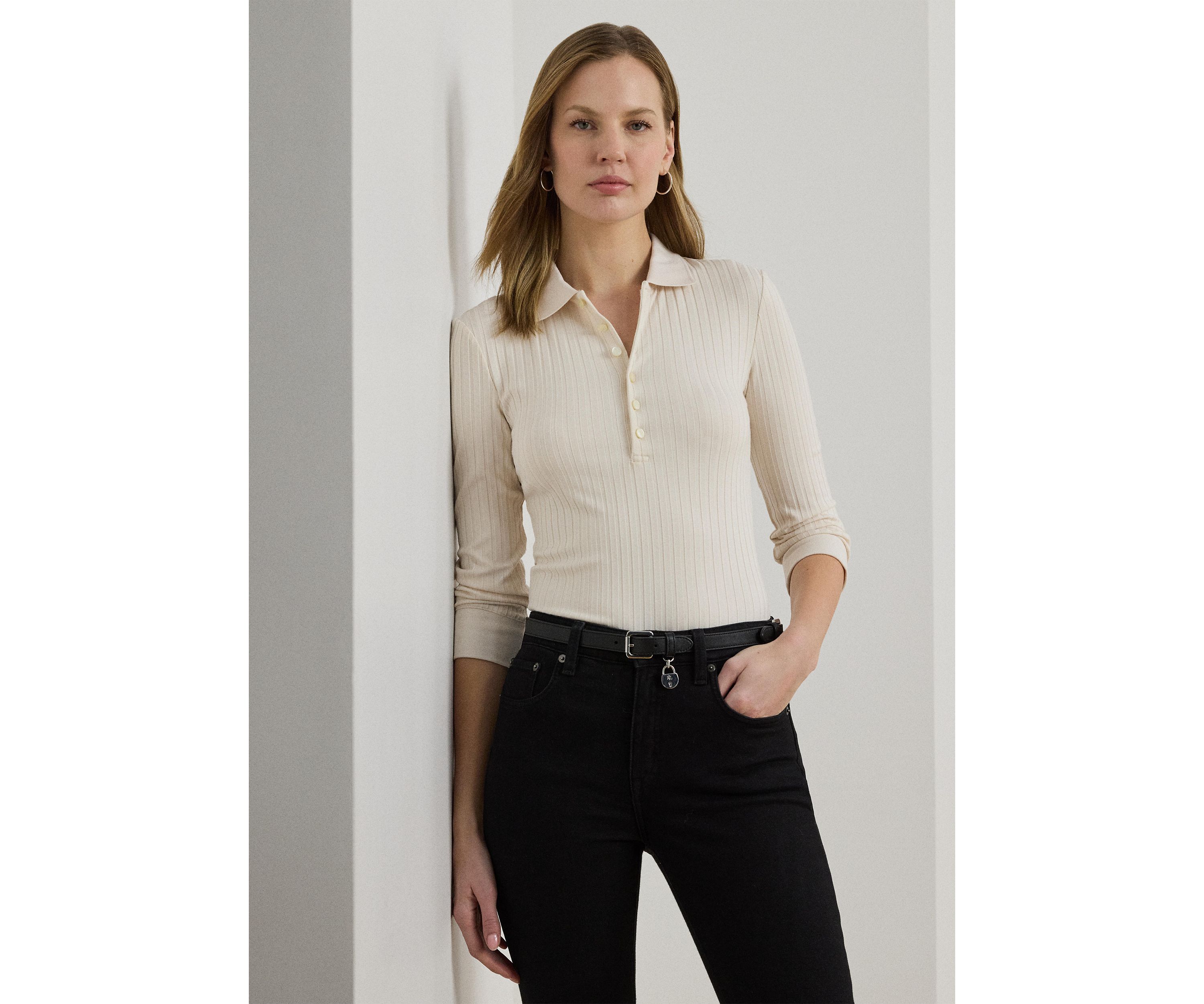 Rib-Knit Three-Quarter-Sleeve Polo Shirt