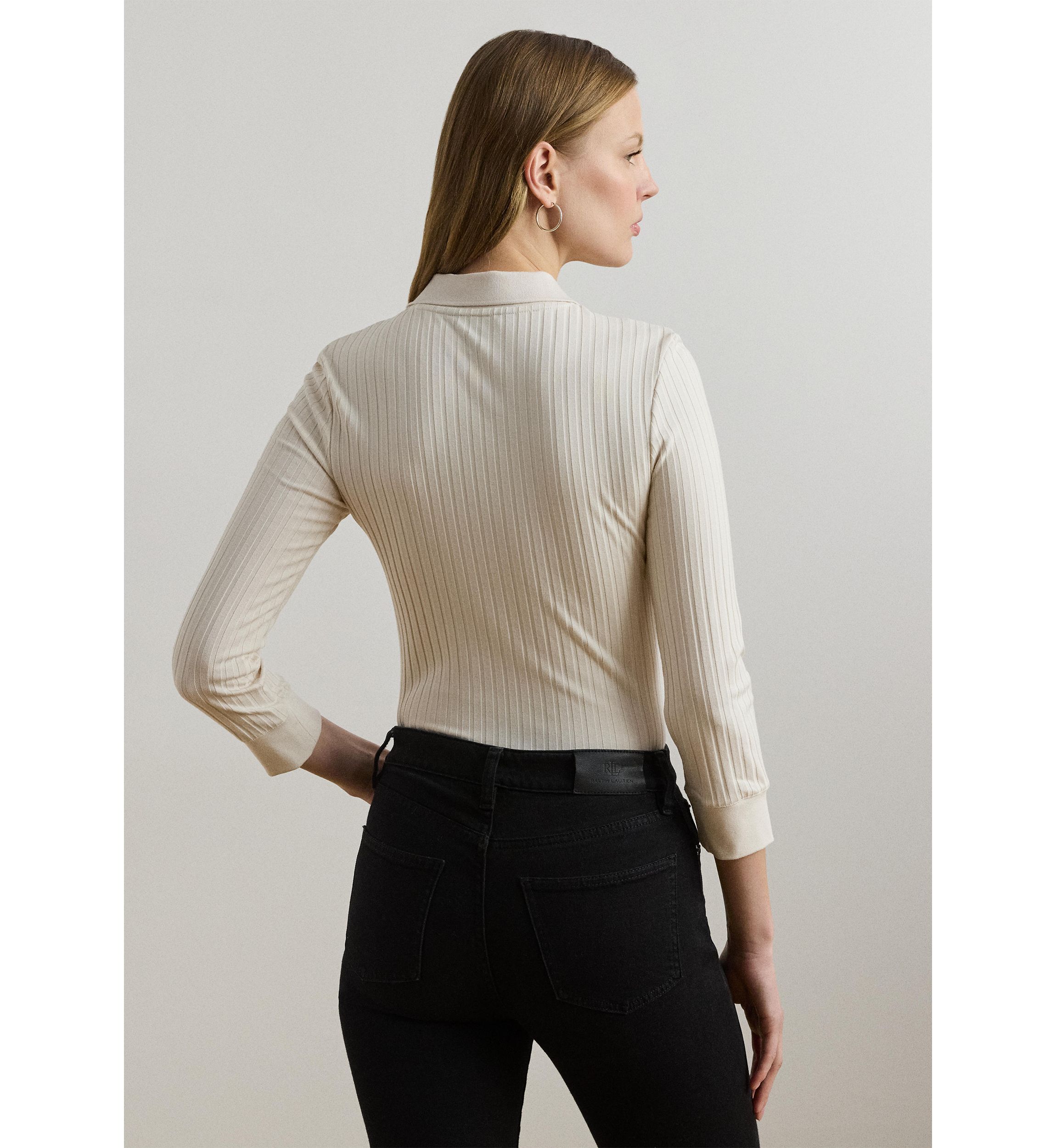 Rib-Knit Three-Quarter-Sleeve Polo Shirt