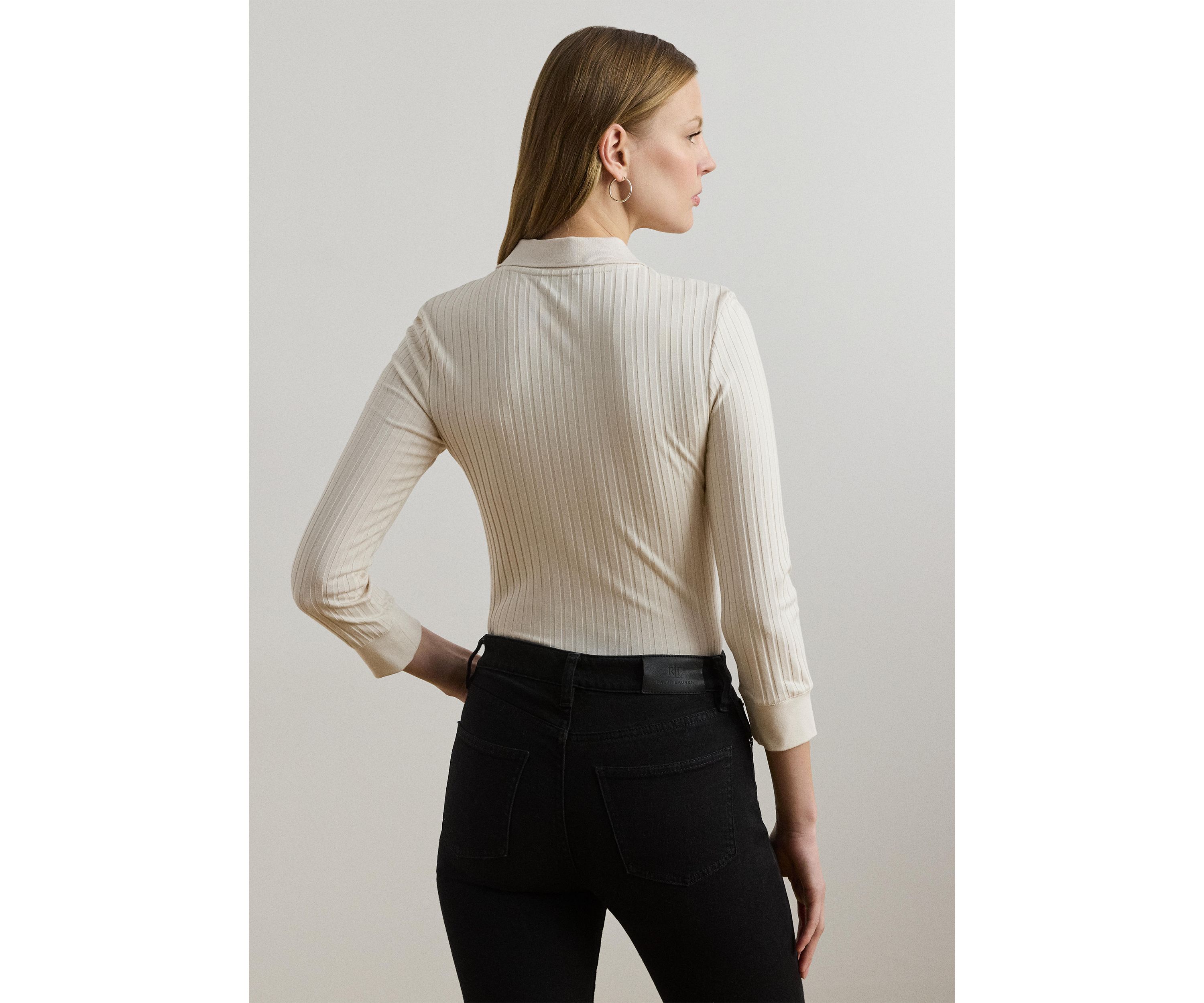Rib-Knit Three-Quarter-Sleeve Polo Shirt
