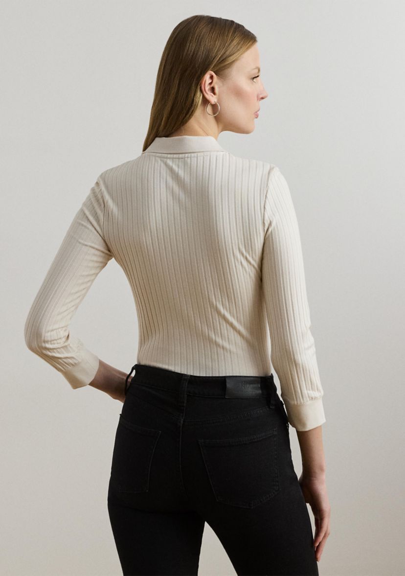 Rib-Knit Three-Quarter-Sleeve Polo Shirt