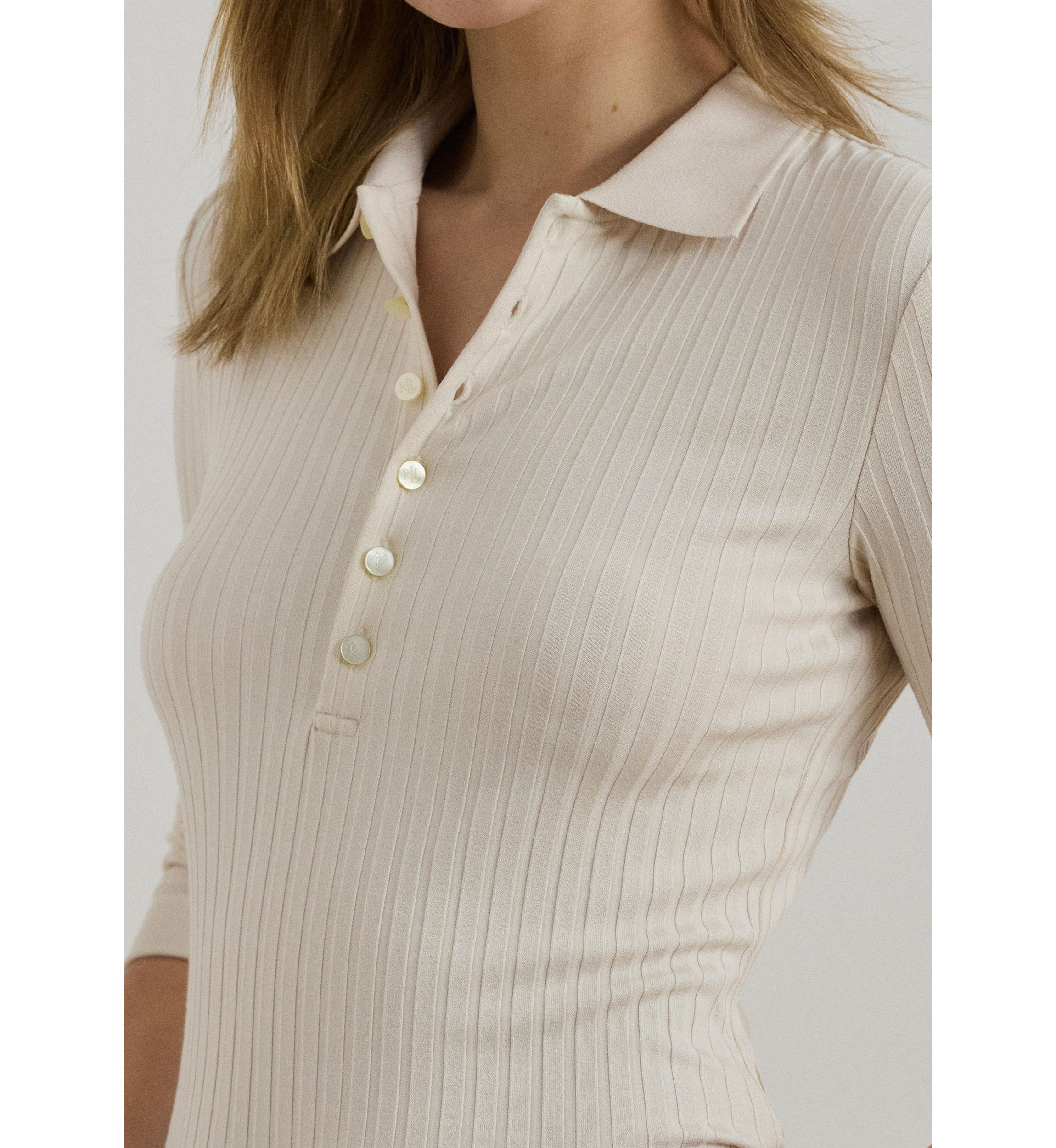 Rib-Knit Three-Quarter-Sleeve Polo Shirt