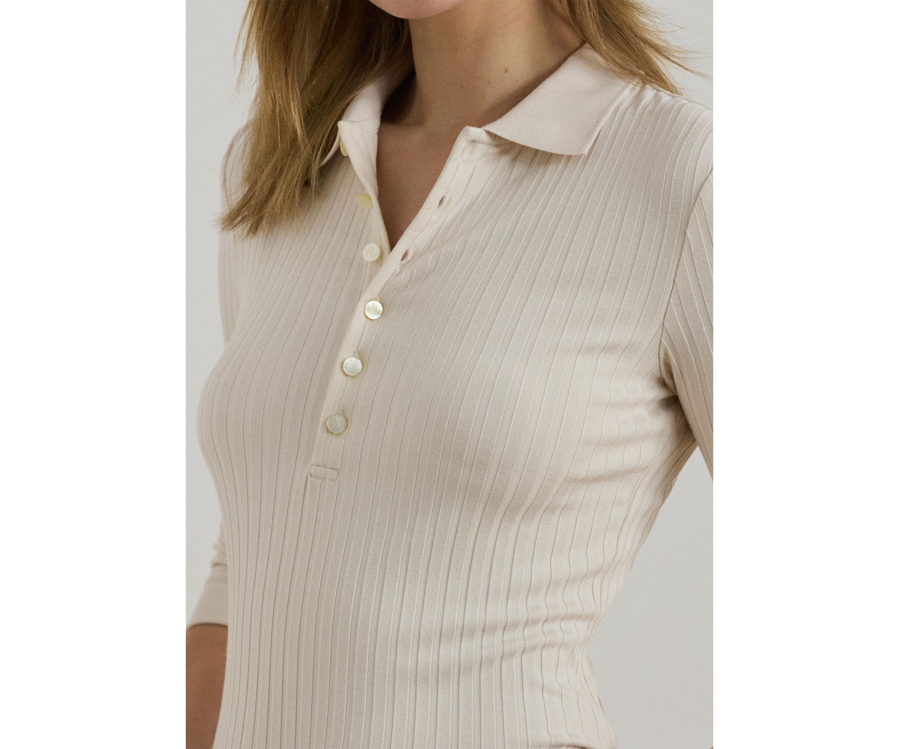 Rib-Knit Three-Quarter-Sleeve Polo Shirt
