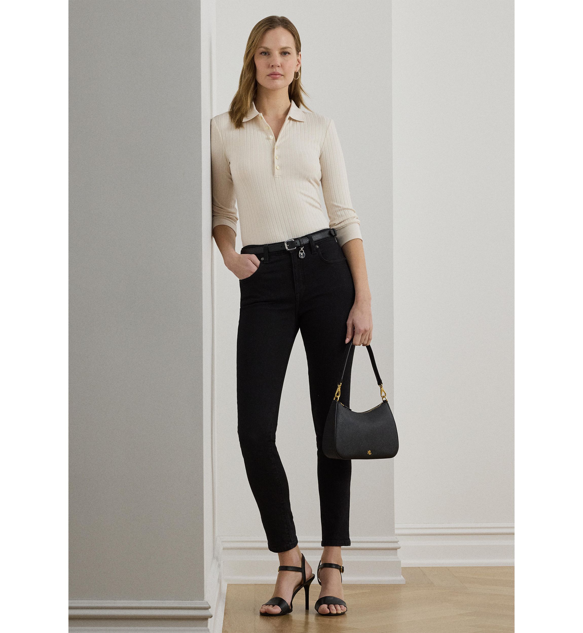 Rib-Knit Three-Quarter-Sleeve Polo Shirt