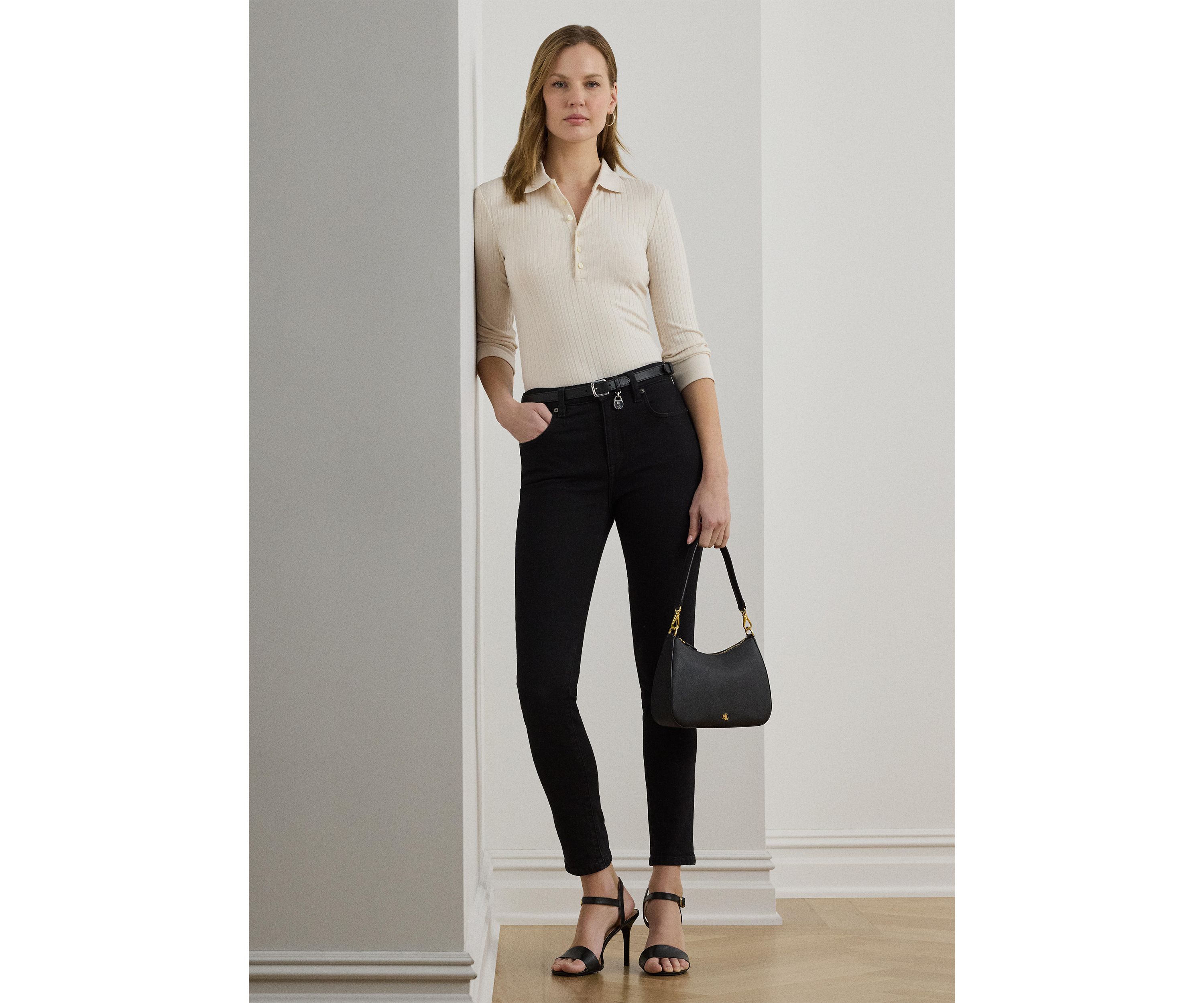 Rib-Knit Three-Quarter-Sleeve Polo Shirt