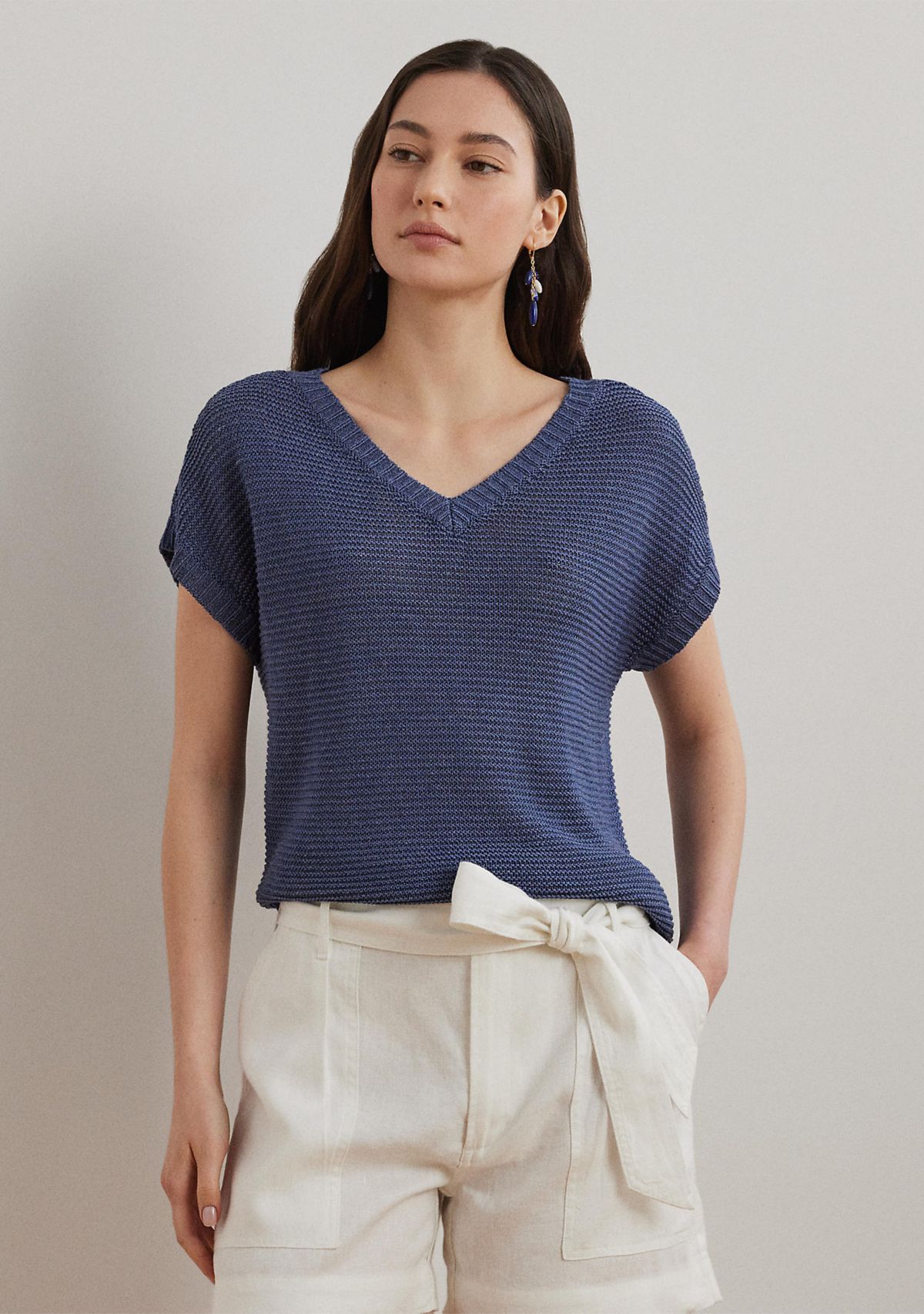 Linen Blend Short Sleeve V-Neck Sweater