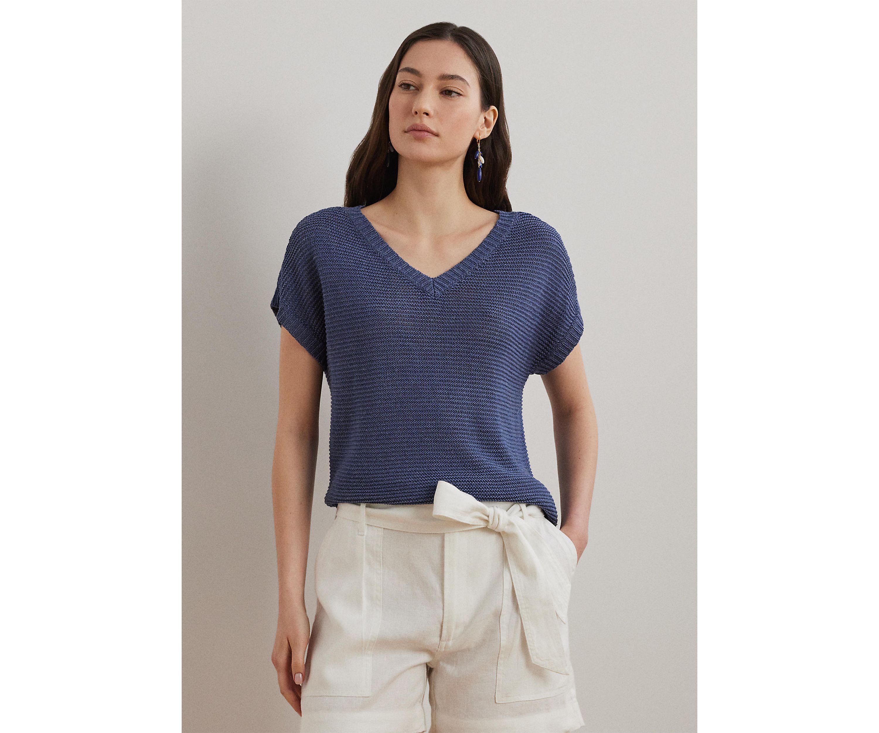 Linen Blend Short Sleeve V-Neck Sweater