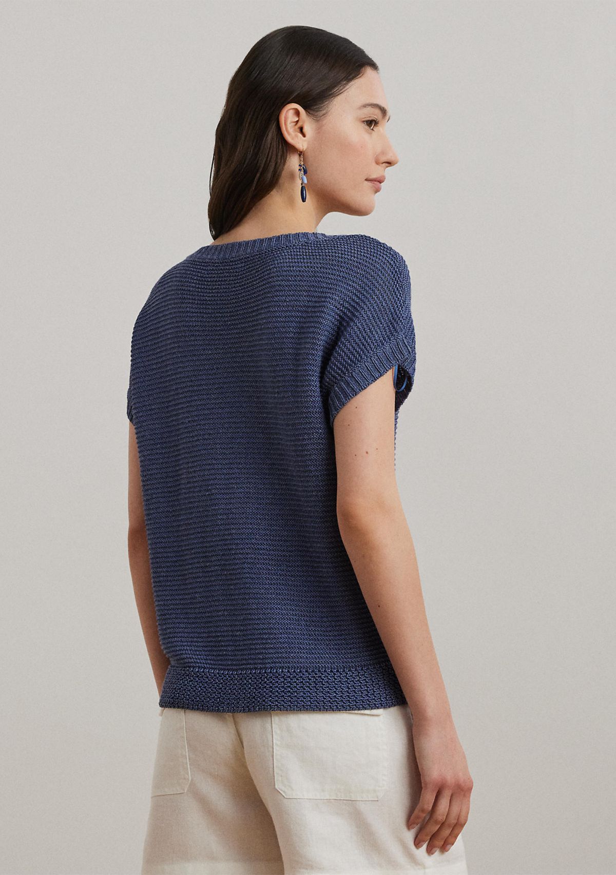 Linen Blend Short Sleeve V-Neck Sweater
