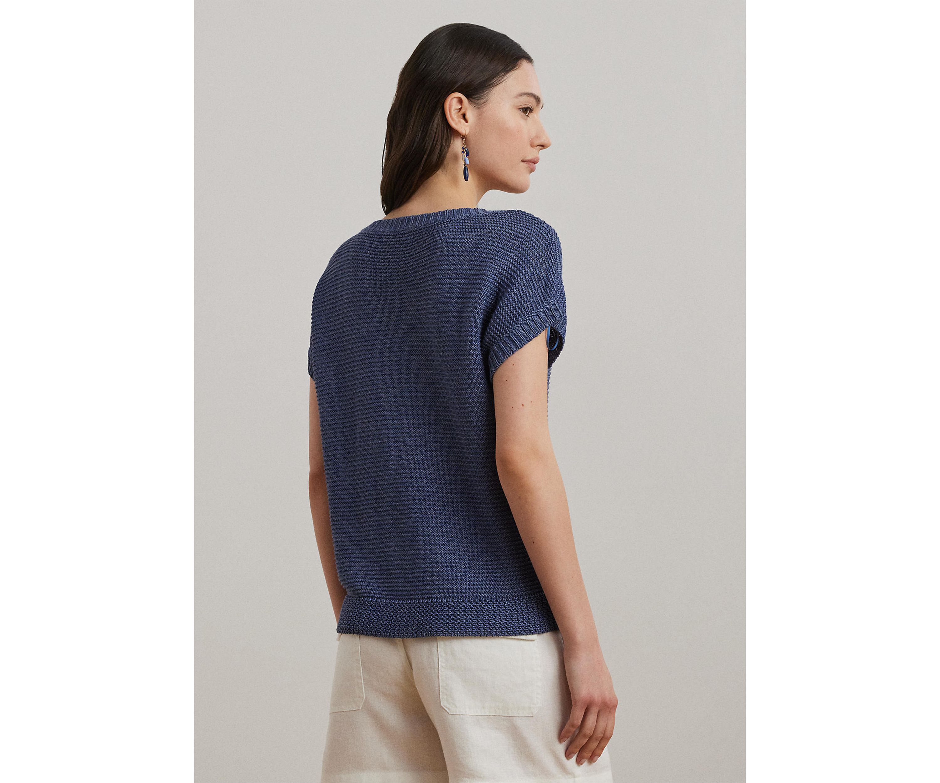 Linen Blend Short Sleeve V-Neck Sweater